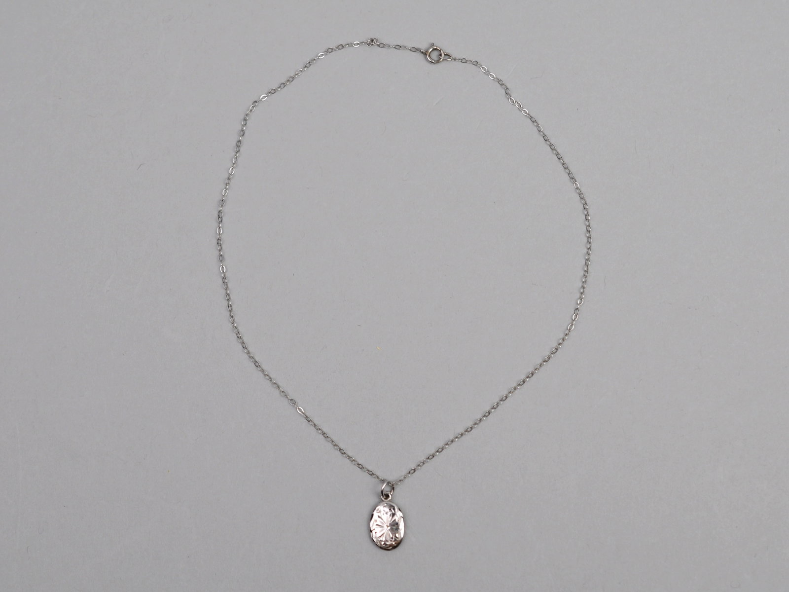 10K White Gold Necklace Charm: Metal: 10K White Gold Stone Types: None Dimensions: Approx. 12 in. Chain; 0.5 in. Oval Pendant