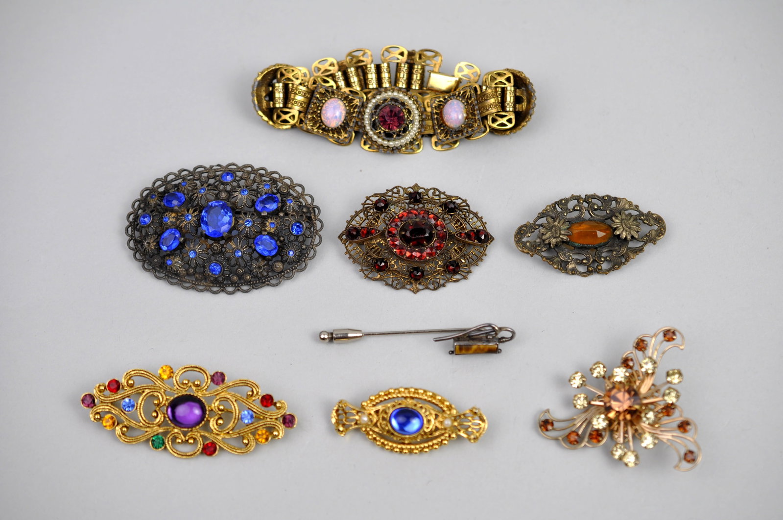 Brooch Pins Czech Glass Victorian Revival Art Deco: Metal: Gold-Tone and Silver-Tone Metal Stone Types: Colored Rhinestones, Czech Glass, Simulated Garnets, Simulated Opals