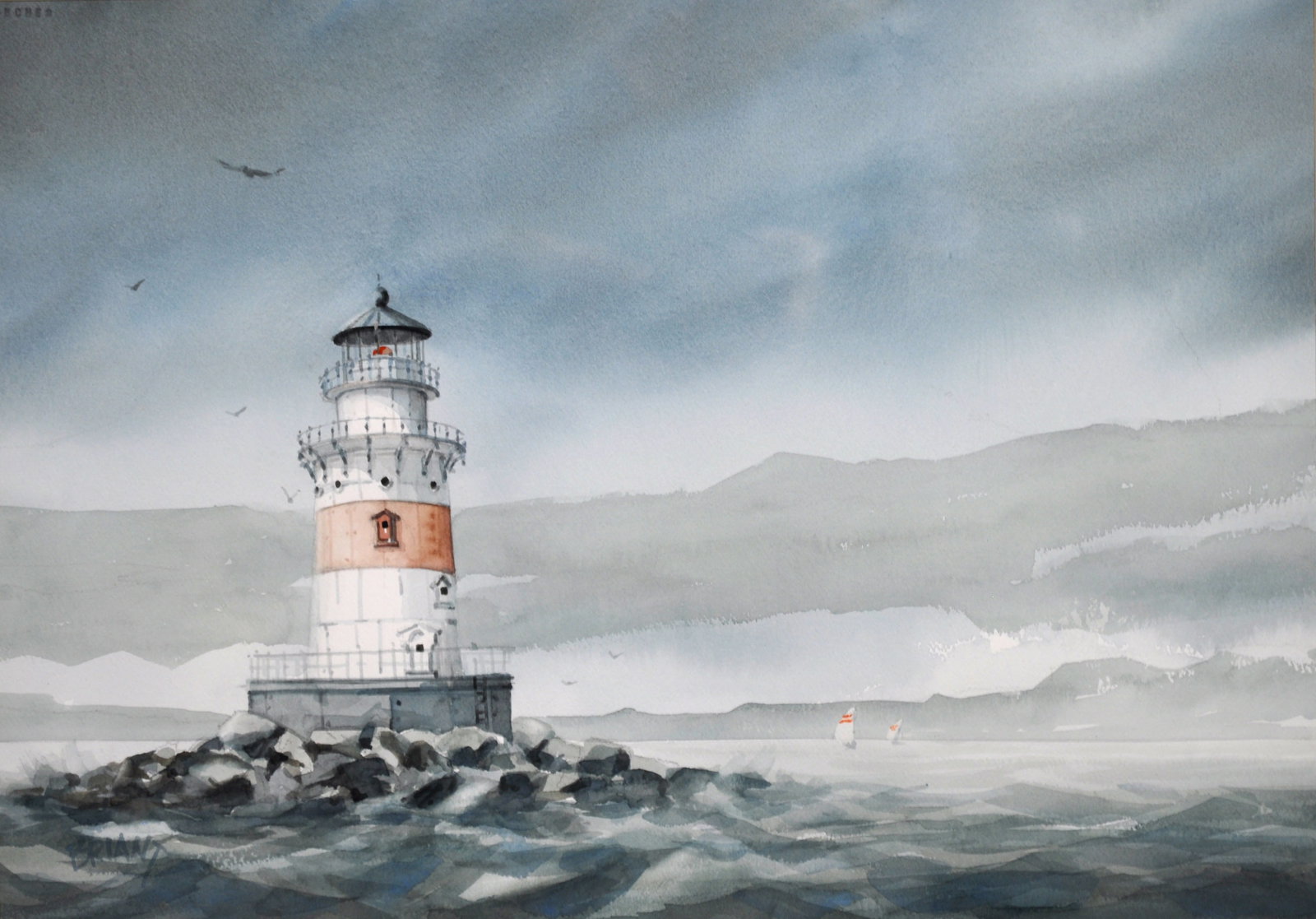 Peter Briant Watercolor Spring Point Ledge Light: Country of Origin: USA Period: 20th Century Artist: Peter Briant Dimensio