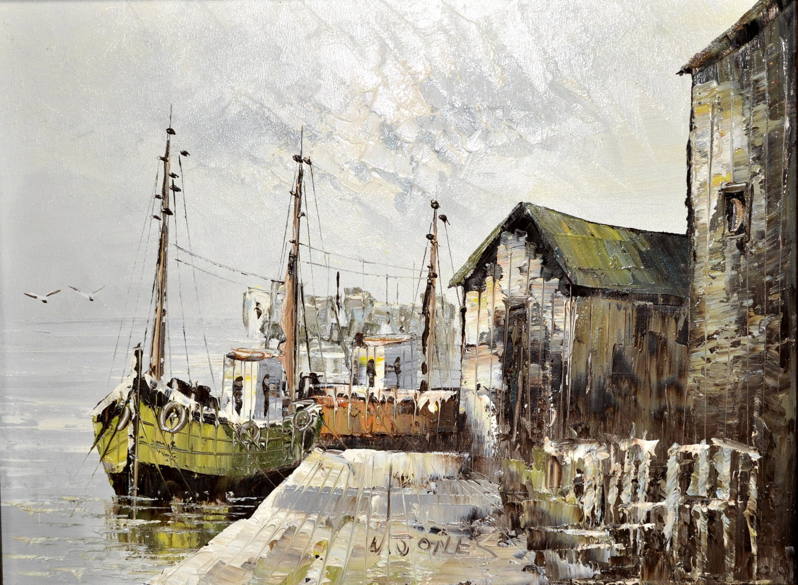W. Jones, Signed Boats at the Dock Oil Painting (1 of 12)