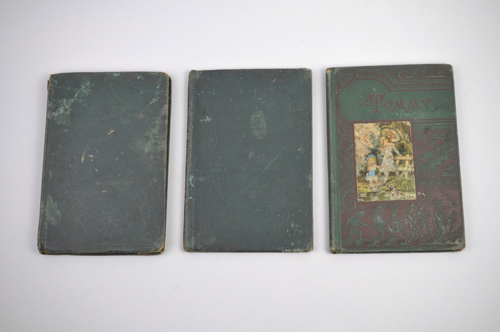 Emerald Green 1850's Children's Books: Manufacturer: Various Dimensions: Approx. 4x6x 1/2 in. Each Condition: Previously Used in School Room Setting. Children's Writing/School Information on Blank Pages Additional Information: This