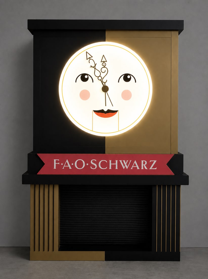 FOA Schwarz Store Face Clock: Manufacturer: Custom Made for FAO Schwarz Dimensions: Approx. 66x16x71 in. Condition: Wear Consistent with Being a Store Model, some chips on the corners. Additional Information: This FAO Schwarz