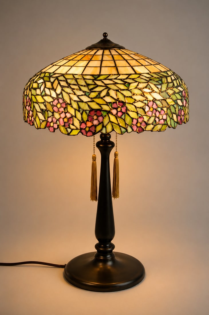 Tiffany-Style Cherry Blossom Table Lamp: Dimensions: Approx. 25x18 in. Condition: Tested. Turns On. Hairline Cracks to a Few Color Tiles of the Shade. Additional Information: This Tiffany-style table lamp showcases the timeless beauty of