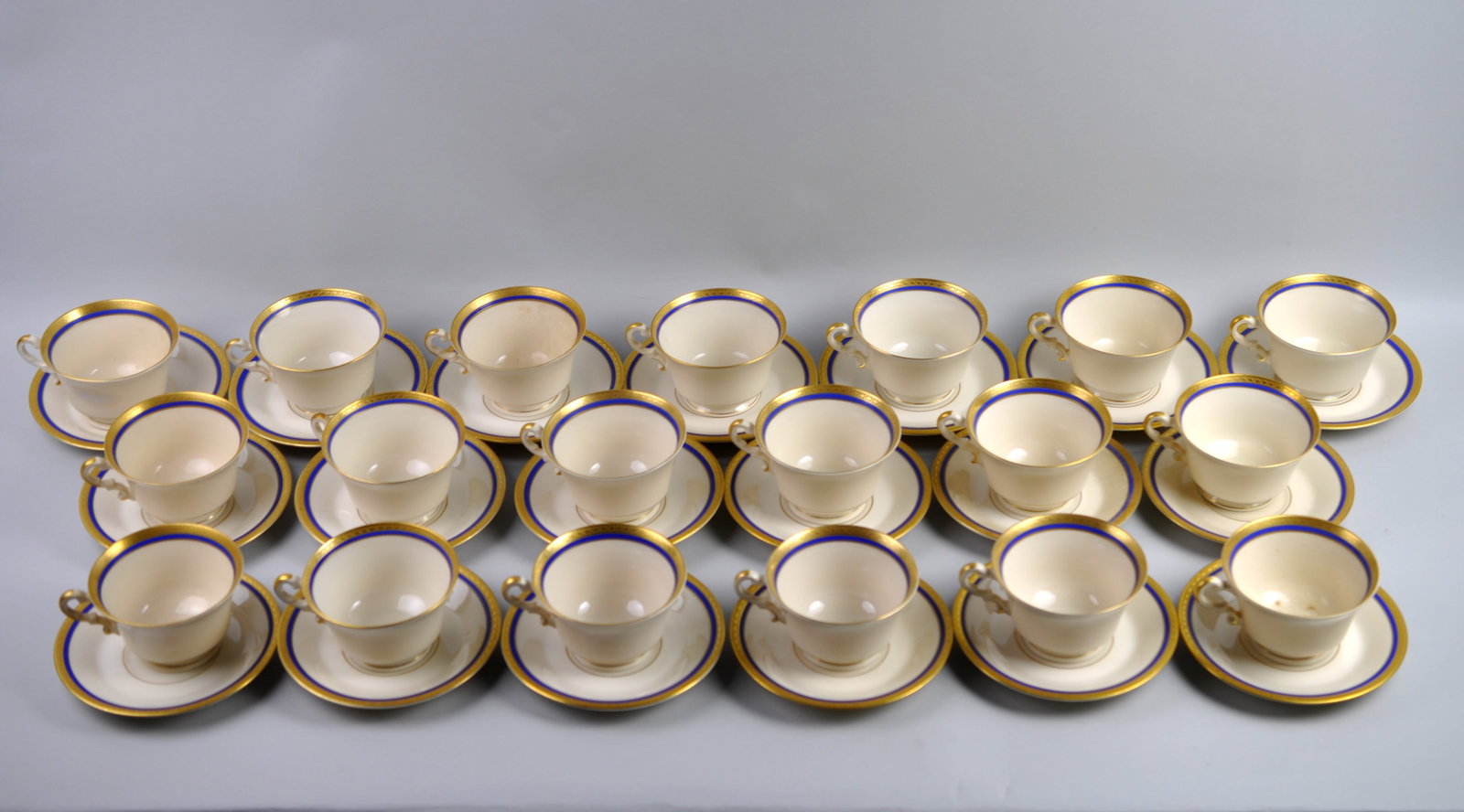 Wayne Syracuse China 19 Teacups & Saucers: Manufacturer: Wayne Dimensions: Approx. 19 teacups 3 3/4 in. and 19 matching saucers 5 1/2 in. Condition: No Major Visible Chips or Cracks, Some Stains Additional Information: Wayne Syracuse China