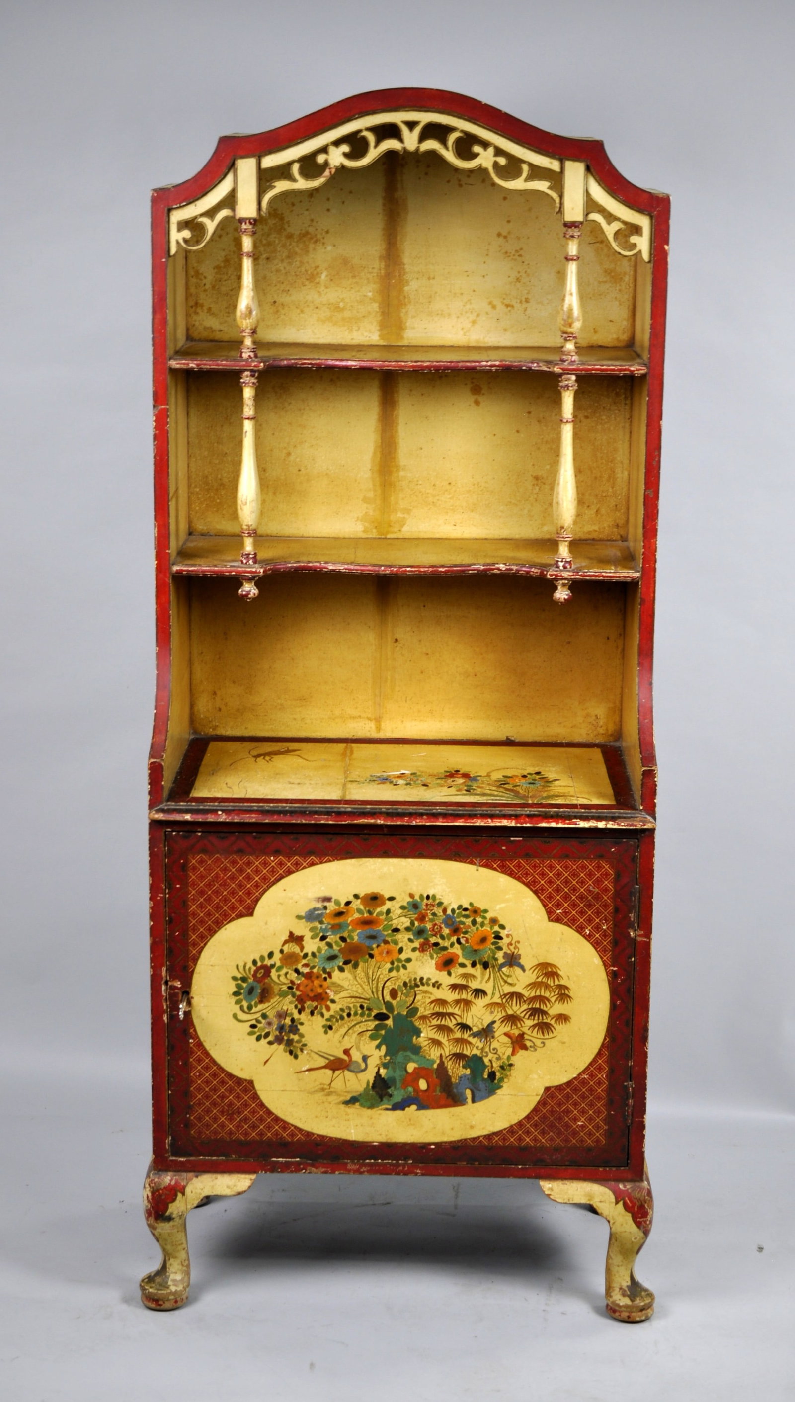 Chinoiserie Painted Hutch Cabinet w/ Key: Period: Early 20th Century Dimensions: 22x 13x 54 in. Condition: Signs of wear such as scratches, discoloration and paint chipping off. Additional Information: V