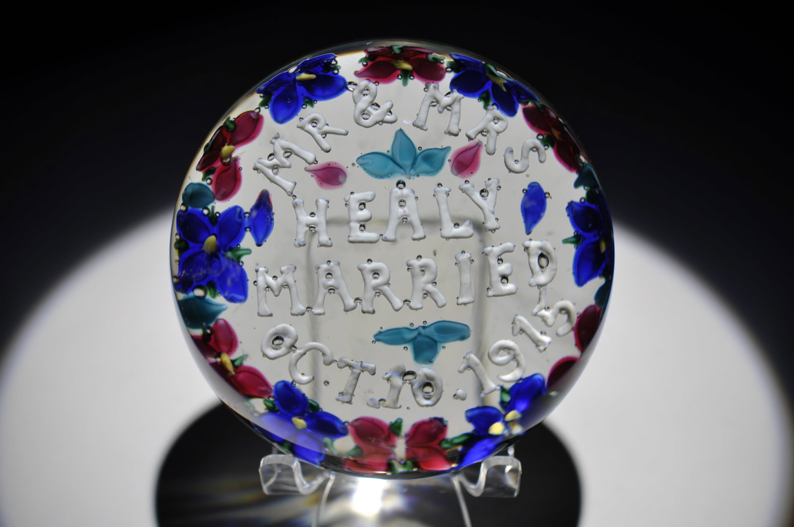 Union Glass Co. 1915 Custom Weight: Attributed Brand: Union Glass Co. Period: October 10, 1915 Style: Motif, Lampwork Base: Clear Diameter: 3.98 in. Weight: 2.92 lb Condition: Base wear with surface scratches. Additional Description: A 