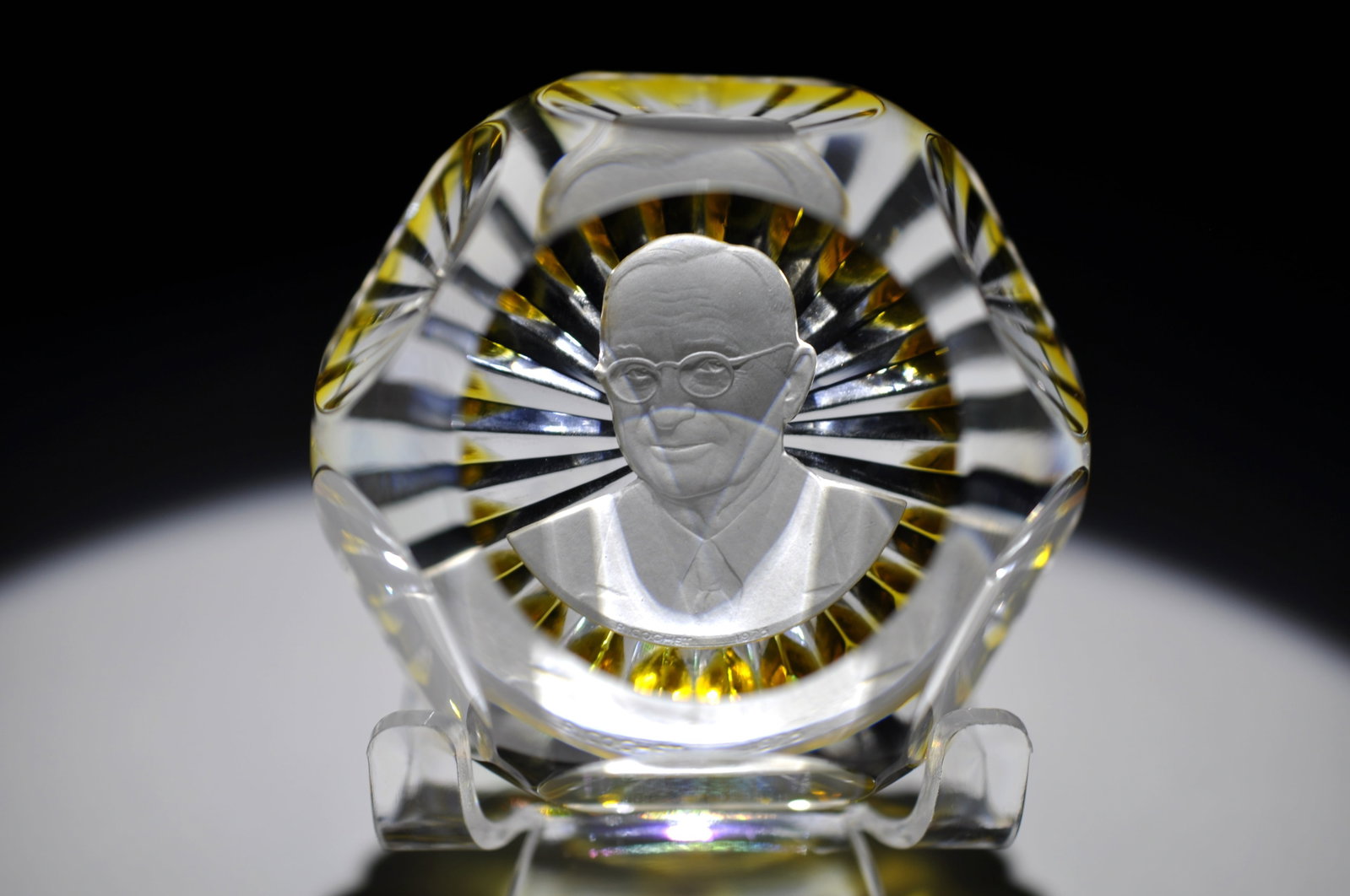 Baccarat 1973 Truman Sulphide Weight: Attributed Brand: Baccarat Period: 1973 Style: Sulphide Base: Clear, Star Cut Diameter: 2.89 in. Weight: 0.77 lb Condition: No obvious flaws. Additional Information: This distinguished paperweight