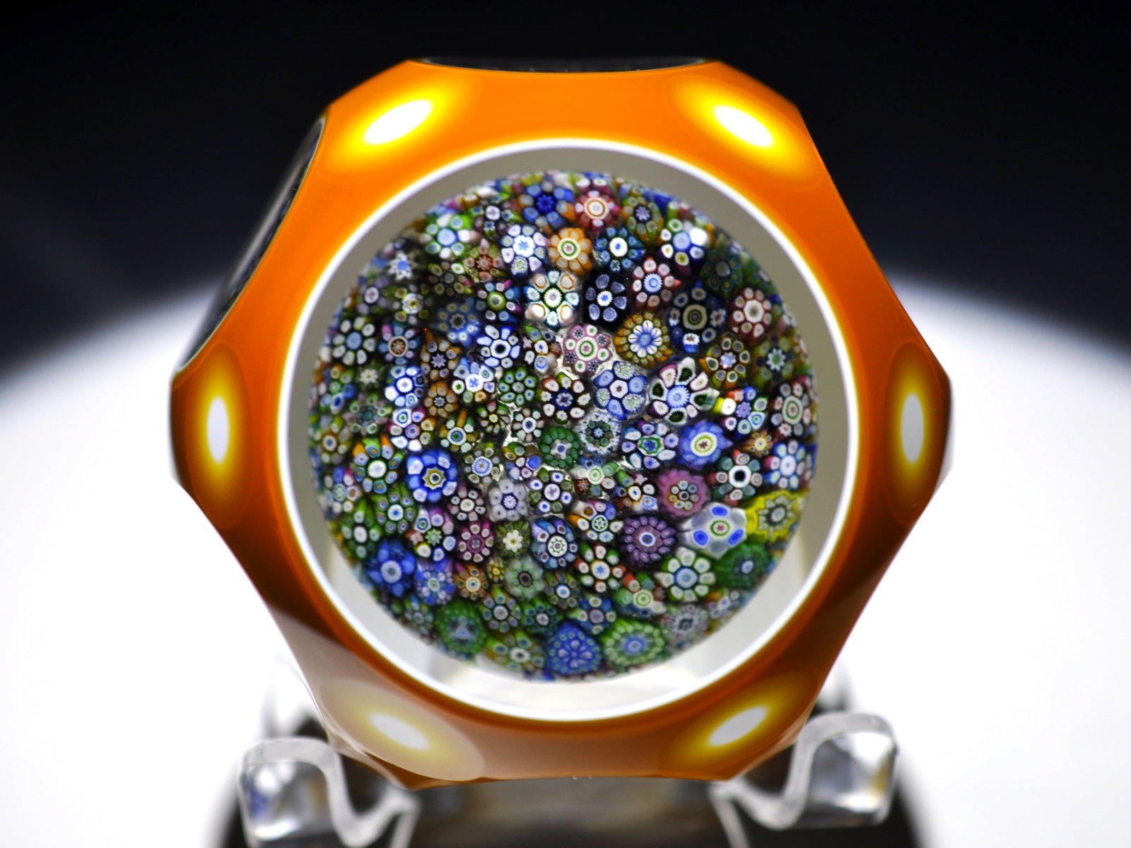 Perthshire P1981H Millefiori Overlay: Attributed Brand: Perthshire, Crieff Scotland Period: 1981 Style: Millefiori, Overlay Base: Clear Diameter: 2.51 in. Weight: 0.85 lb Condition: No obvious flaws. Additional Description: Limited to