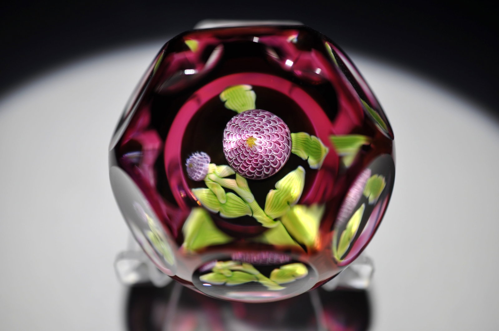 Perthshire 1982 Dhalia Pompom: Attributed Brand: Perthshire, Crieff Scotland Period: 1982 Style: Millefiori, Signature Cane, Motif, Ground Base: Clear Diameter: 2.33 in. Weight: 0.76 lb Condition: No obvious flaws. Additional