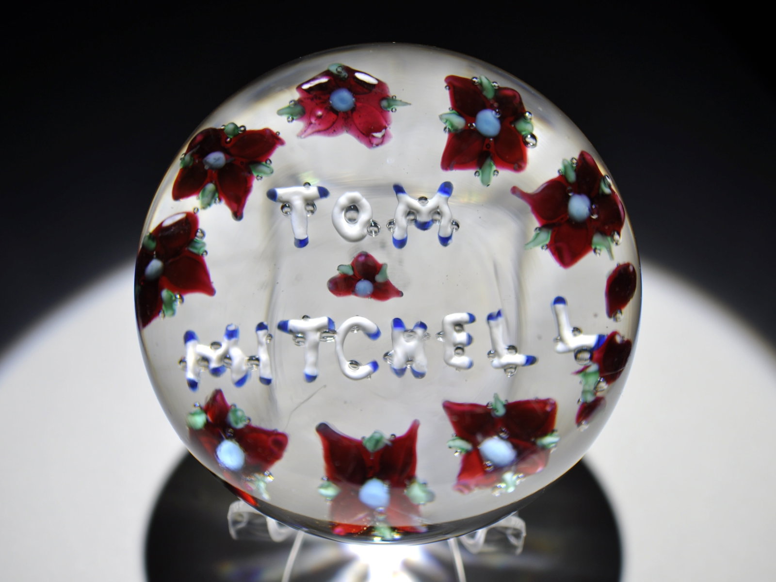 Union Glass Co. Custom Floral Weight: Attributed Brand: Union Glass Co. Period: 1900s-1920s Style: Motif, Lampwork Base: Clear Diameter: 3.75 in. Weight: 2.98 lb Condition: Base wear, surface scratches. Additional Information: A central