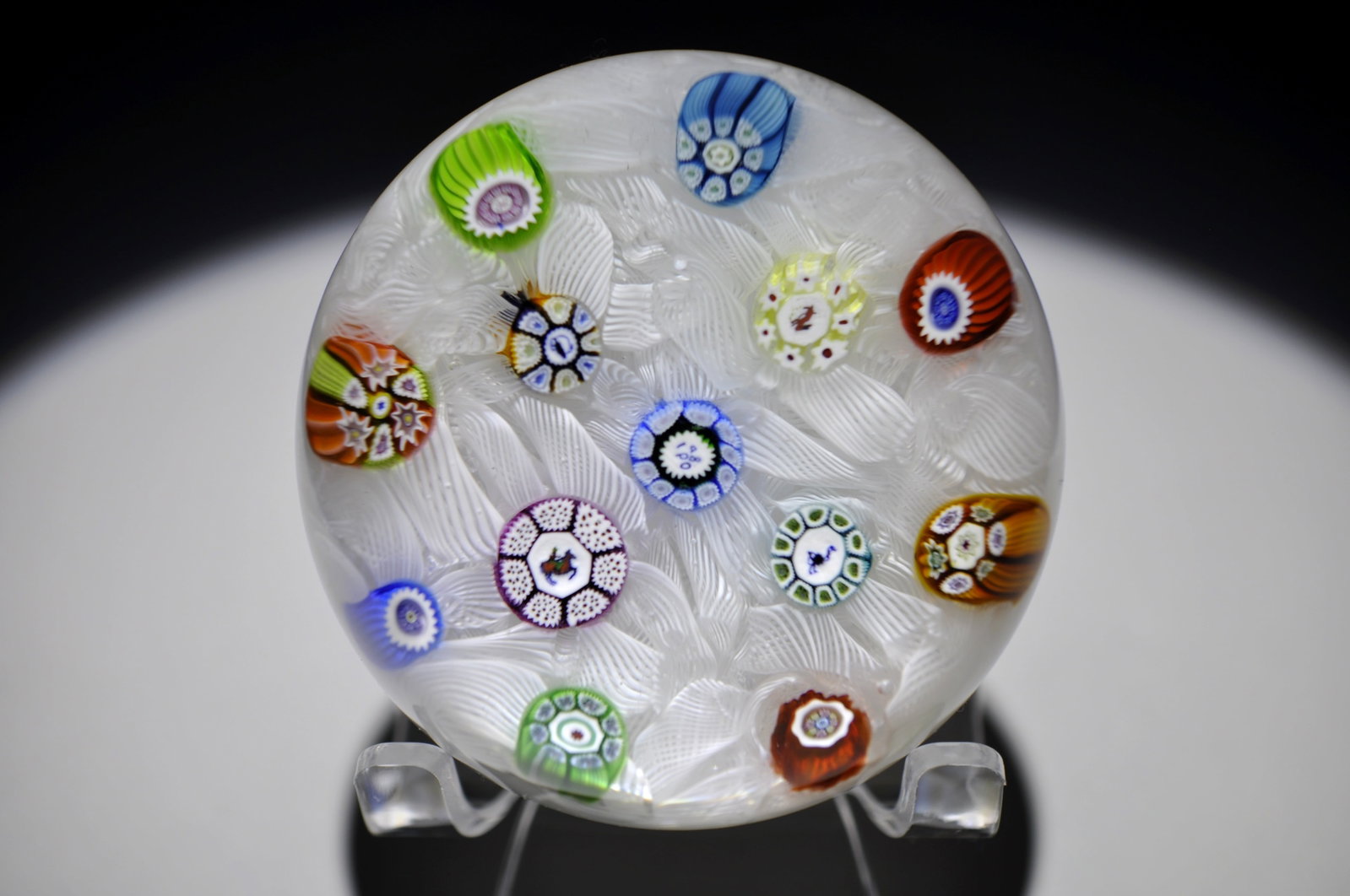 Perthshire 1980 Millefiori & Latticinio PP11: Attributed Brand: Perthshire, Crieff Scotland Period: 1980 Style: Millefiori, Latticinio Base: Clear Diameter: 2.77 in. Weight: 0.87 lb Condition: No Visible Damage Additional Description: A central