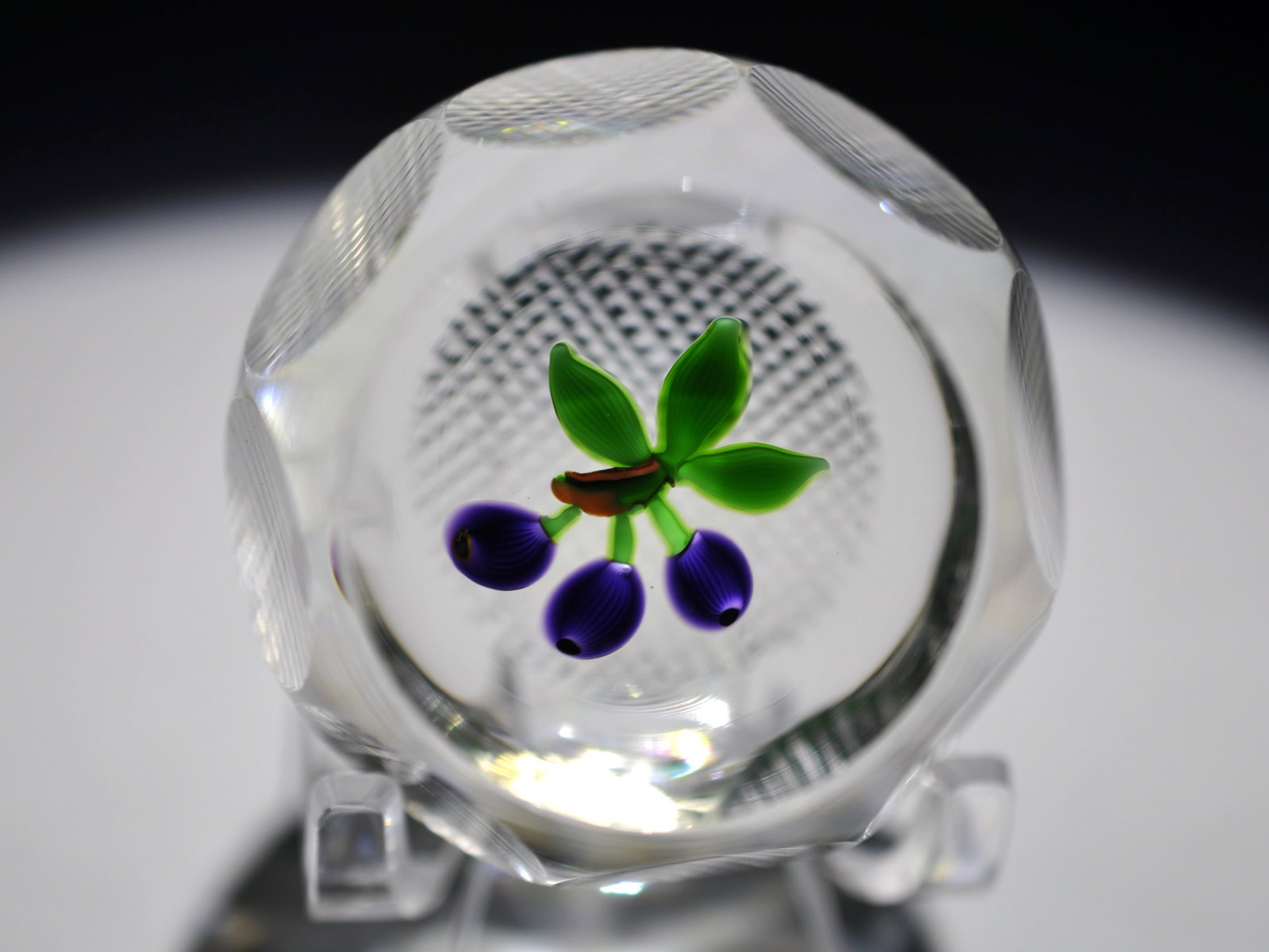 Faceted Purple Floral Paperweight: Attributed Brand: Perthshire, Crieff Scotland Period: