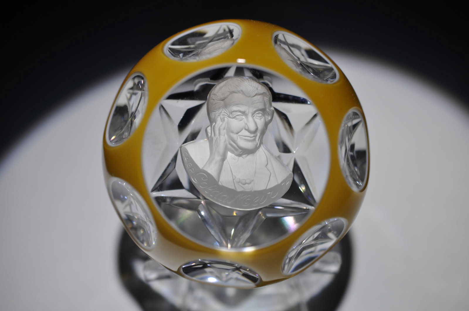 Cristal d'Albret Golda Meir Sulphide Paperweight: Attributed Brand: Cristal d'Albret Period: