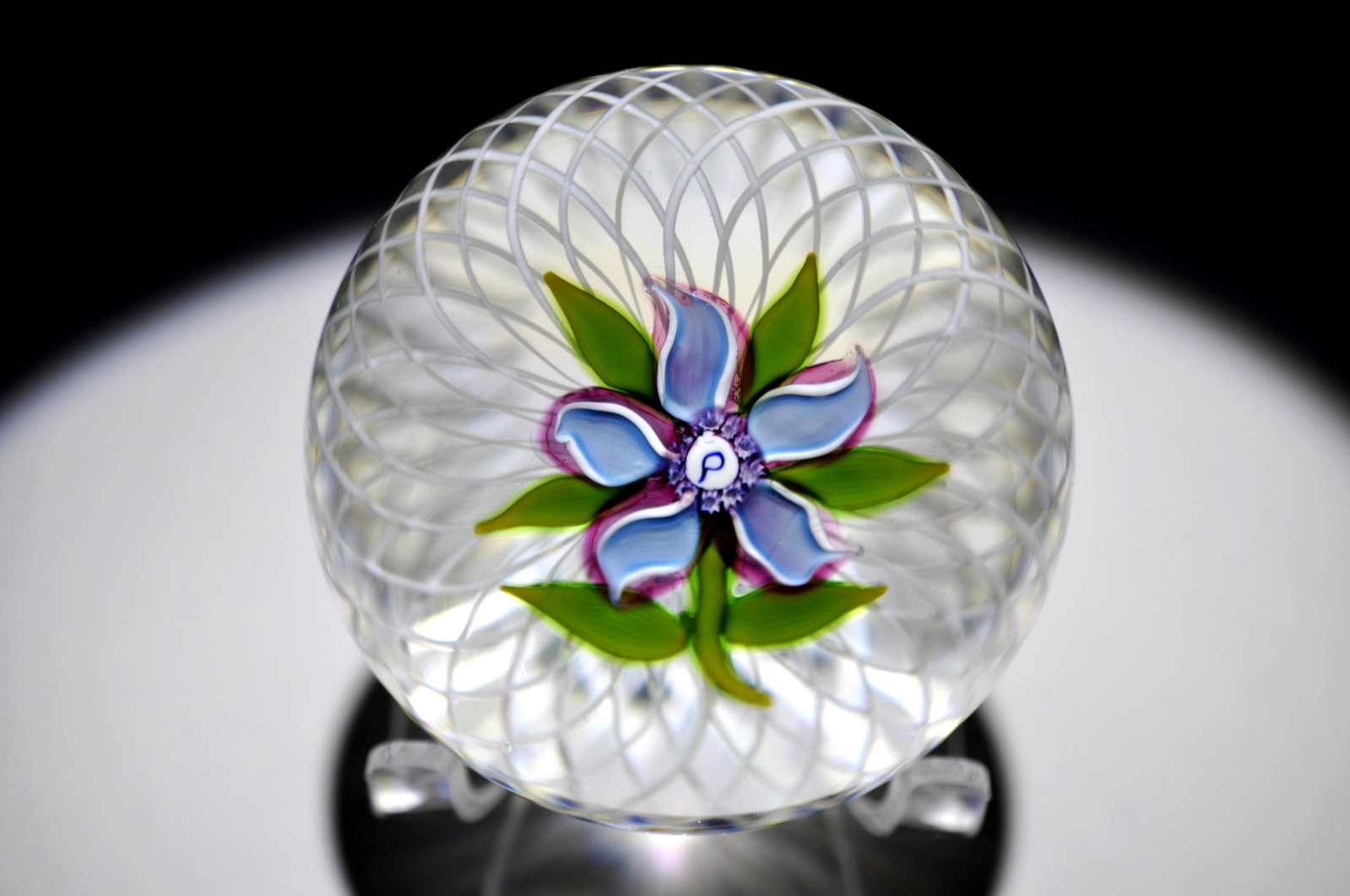 Perthshire 1973B Clematis Laticcinio: Attributed Brand: Perthshire, Crieff Scotland Period: 1973 Style: Motif, Signature Cane, Latticinio