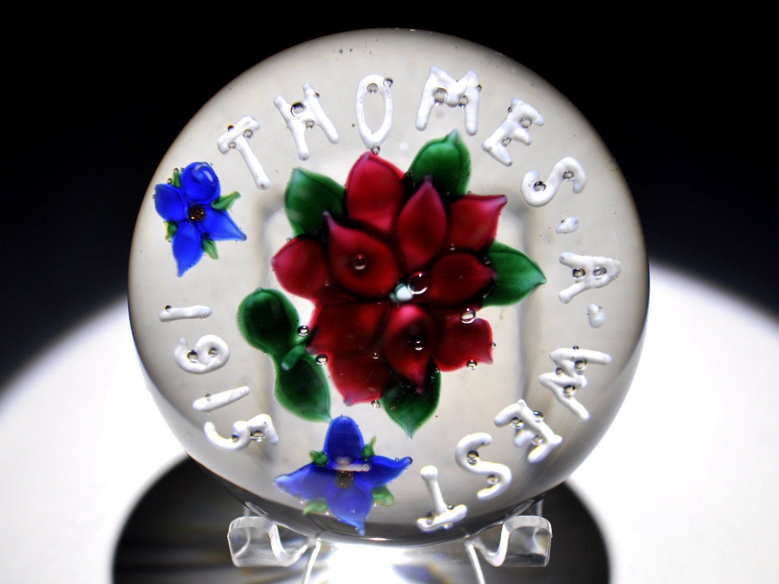 Thomas A West 1915 Paperweight: Attributed Brand: Union Glass Co. Period: 1915 Style: Lampwork, Custom Base: Clear Diameter: 3.71 in. Weight: 2.56 lb Condition: Base wear, Surface scratches Additional Description: An antique Union