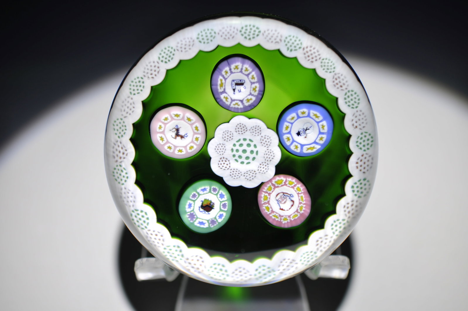 Perthshire 1981 Christmas Millefiori Weight: Attributed Brand: Perthshire, Crieff Scotland Period: 1981 Style: Millefiori, Ground, Motif, Signature Cane Base: Clear Diameter: 2.87 in. Weight: 0.98 lb Condition: No visible flaws. Additional