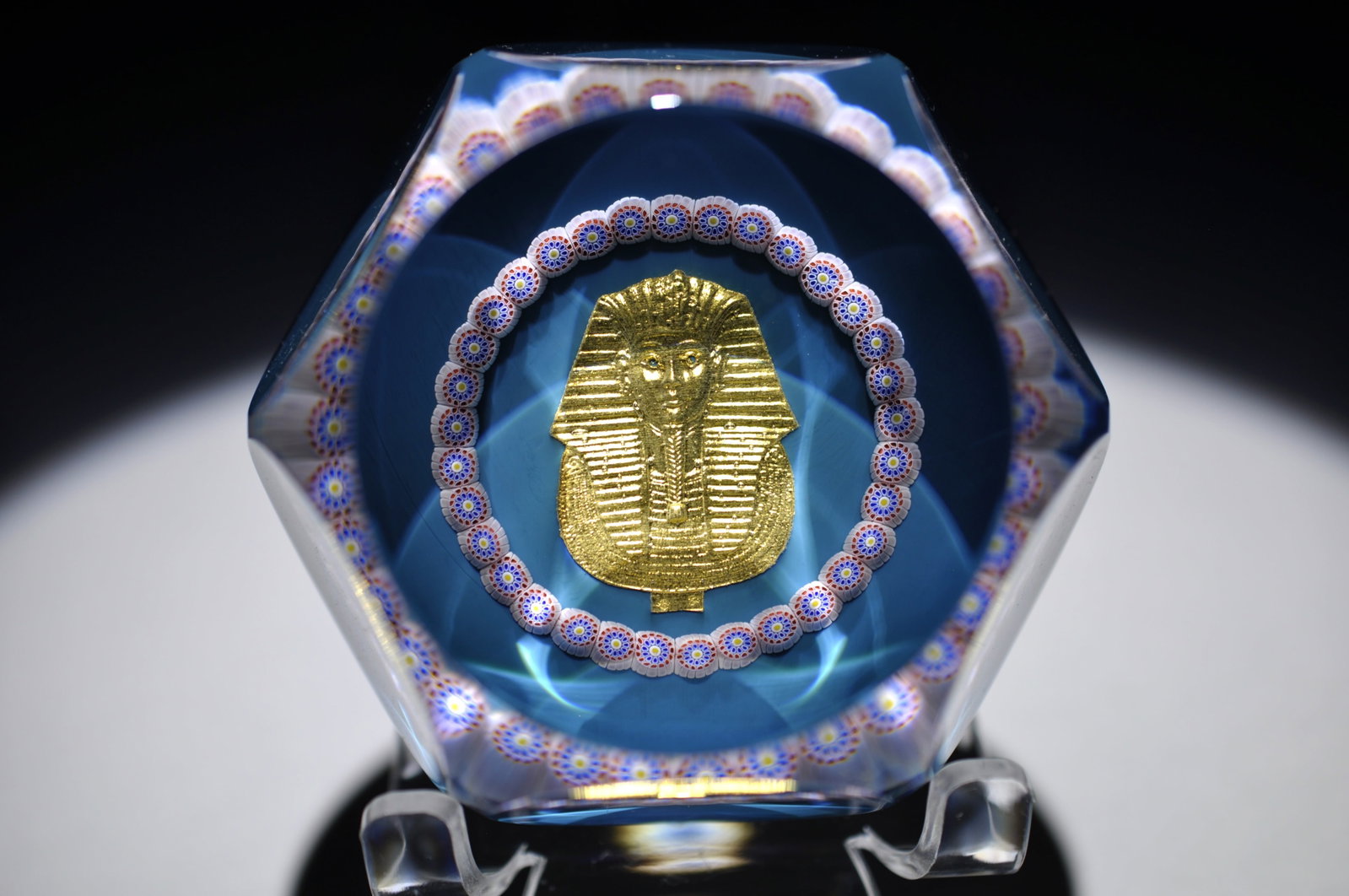 St. Louis King Tut 1979: Attributed Brand: Cristal de France, St. Louis Period: 1979 Style: Millefiori, Inclusion Base: Clear Diameter: 3.01 in. Weight: 1.00 lb Condition: No Visible Flaws Additional Information: A central