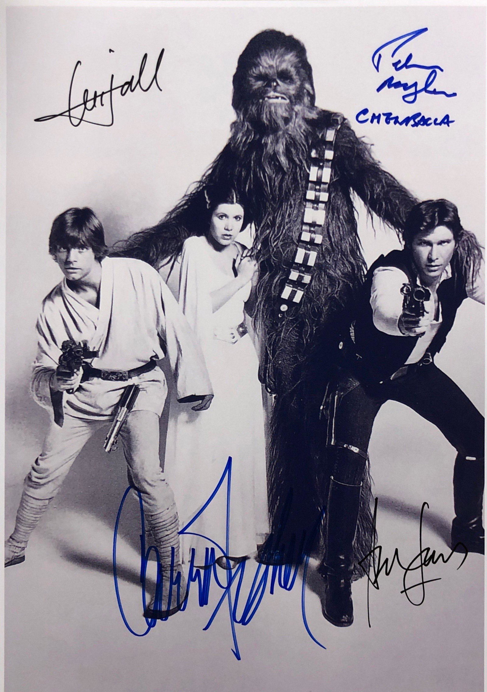 Carrie Fisher Mark Hamill Autograph Signed Star Wars: Category: Autograph Photo CollectiblesSize: Width 8 inches x Height 10 inchesAutograph Includes: Mark Hamill, Carrie Fisher, Peter Mayhew, Harrison FordItem is in great condition with no damage, unfra