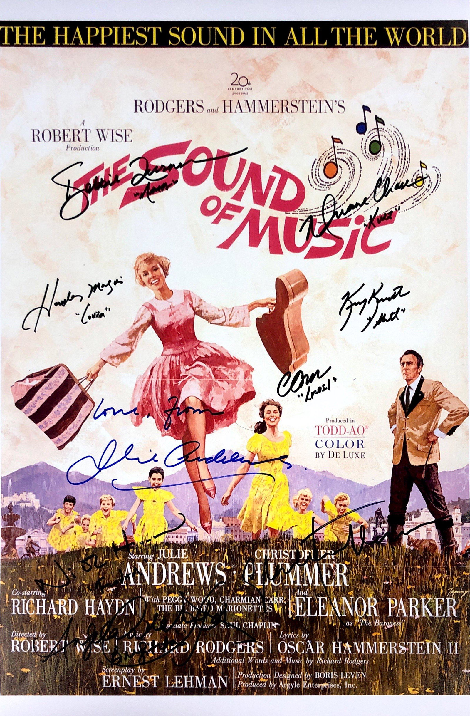 Julie Andrews Autograph Signed Sound of Music Poster: Category: Autograph CollectiblesSize: Width 16 inches x Height 11 inchesAutograph Includes: Charmian Carr, Angela Cartwright, Duane Chase, Nicholas Hammond, Kym Karath, Heather Menzies-Urich, Debbie T