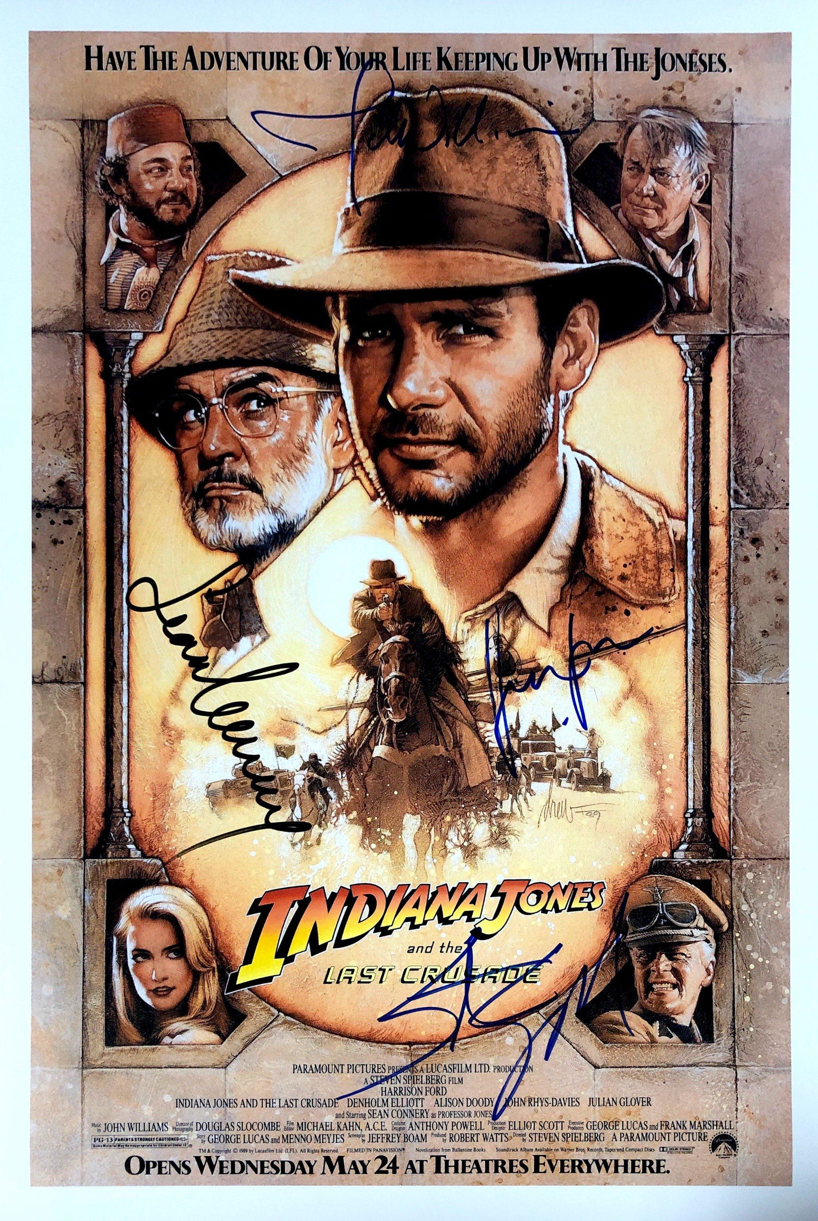 Harrison Ford Autograph Signed Indiana Jones Poster: Category: Autograph CollectiblesSize: Width 16 inches x Height 11 inchesAutograph Includes: Harrison Ford, John William, Sean Connery, Steven SpielbergItem is in great condition with no damage, unfram