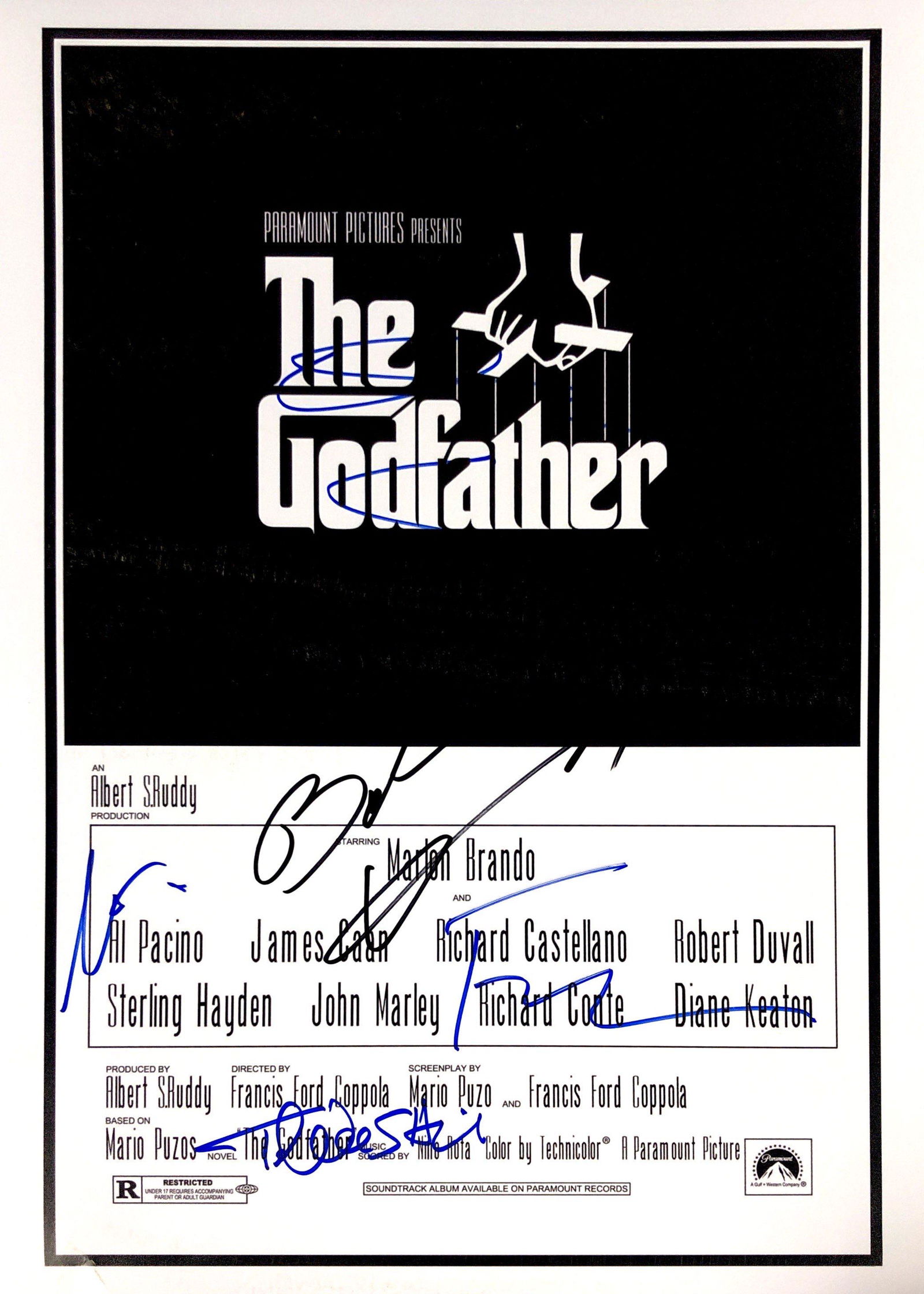 Al Pacino Autograph Signed Godfather Poster: Category: Autograph CollectiblesSize: Width 16 inches x Height 11 inchesAutograph Includes: Al Pacino, Robert Duvall, Talia Shire, Francis Ford Coppola, Diane KeatonItem is in great condition with no