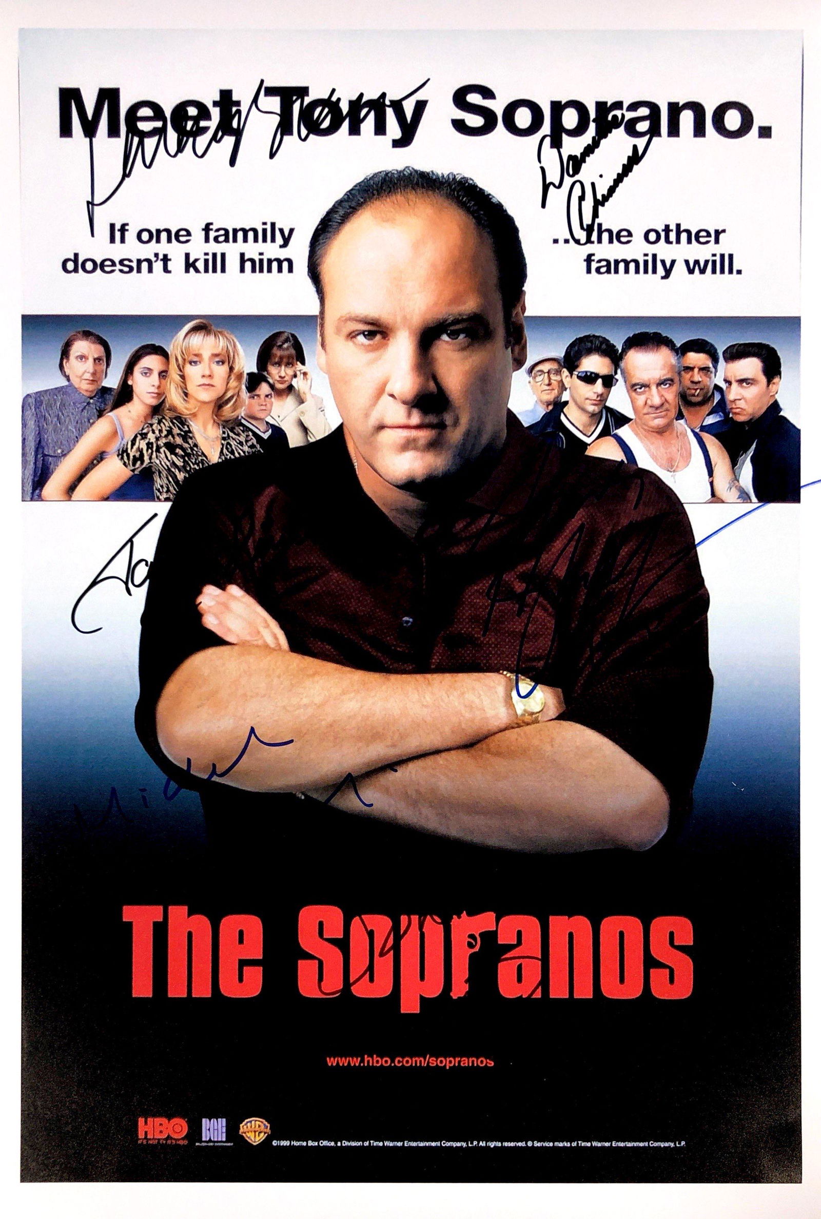 James Gandolfini Autograph Signed Sopranos Poster: Category: Autograph CollectiblesSize: Width 16 inches x Height 11 inchesAutograph Includes: James Gandolfini, Michael Imperioli, Lorraine Bracco, Steven Van Zandt, Dominic Chianese, Tony SiricoItem is