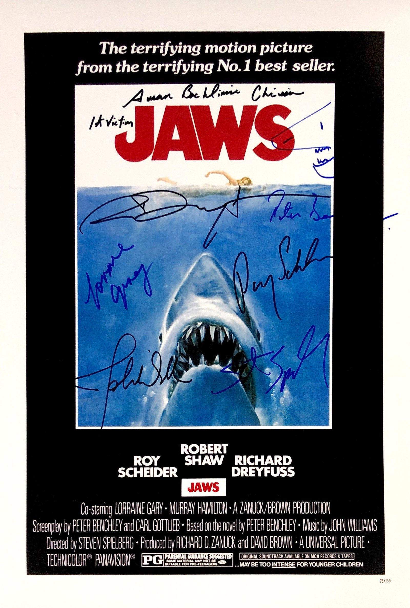 John William Peter Benchley Autograph Signed Jaws: Category: Autograph CollectiblesSize: Width 16 inches x Height 11 inchesAutograph Includes: Lorraine Gary, Roy Scheider, Susan Blackline, Richard Dreyfuss, Steven Speilberg, John William, Peter Benchl