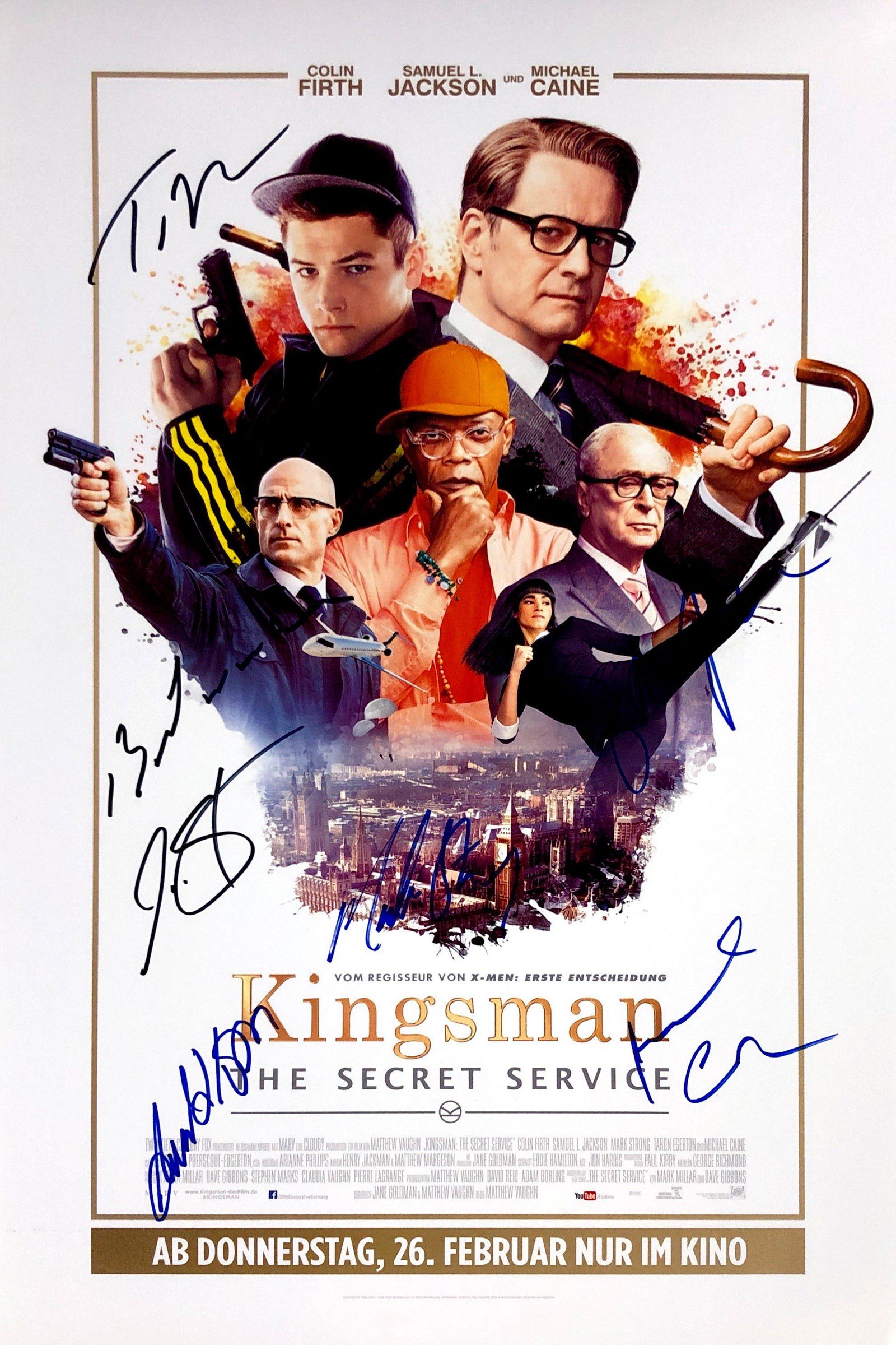 Colin Firth Taron Egerton Autograph Signed Kingsman: Category: Autograph CollectiblesSize: Width 16 inches x Height 11 inchesAutograph Includes: Colin Firth, Taron Egerton, Mark Strong, Sofia Boutella, Samuel L Jackson, Michael CaineItem is in great con