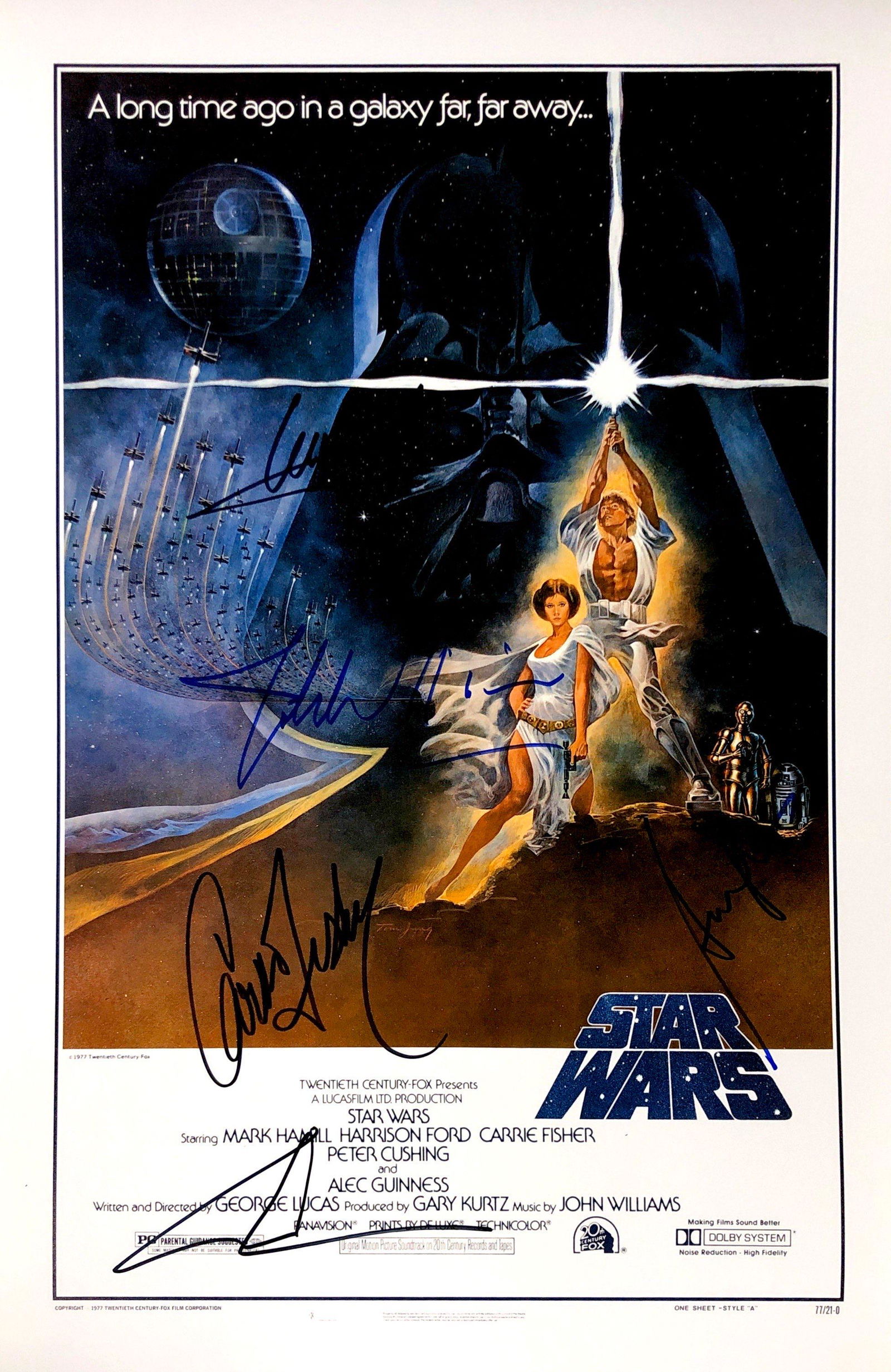 Carrie Fisher Harrison Ford Autograph Signed Star Wars: Category: Autograph CollectiblesSize: Width 16 inches x Height 11 inchesAutograph Includes: John Williams, George Lucas, Carrie Fisher, Harrison Ford, Mark HamillItem is in great condition with no dam
