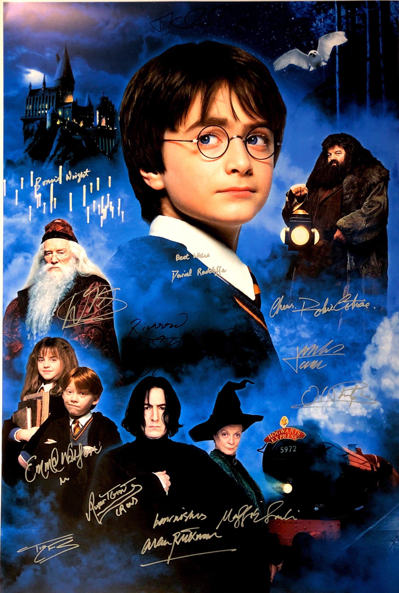 Daniel Radcliffe Autograph Signed Harry Potter Poster J: Category: Autograph CollectiblesSize: Width 24 inches x Height 36 inchesAutograph Includes: Daniel Radcliffe, Emma Watson, Rupert Grint, J K Rowling, Maggie Smith, Alan Rickman, Tom Felton, Robbie Col