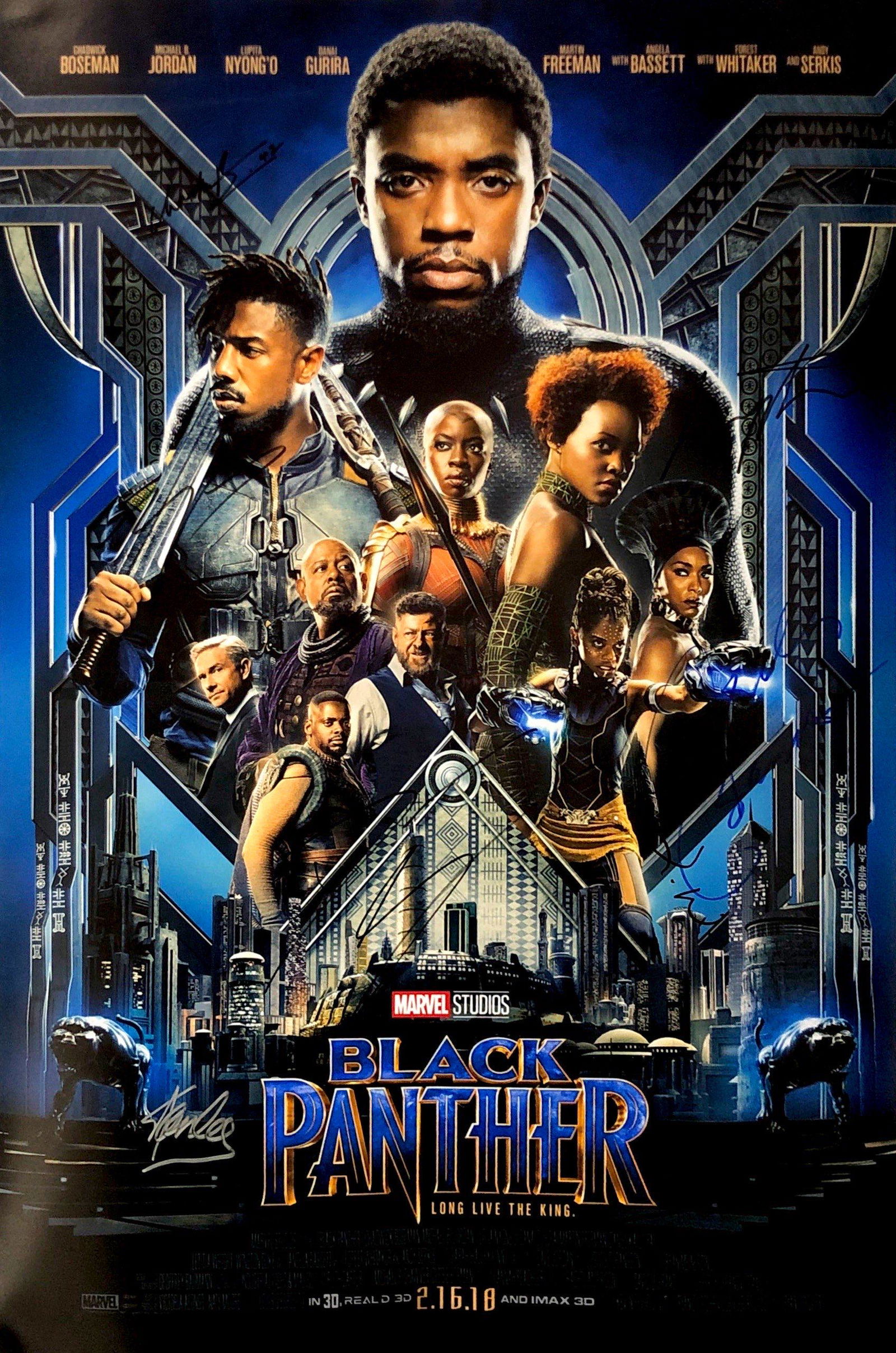 Chadwick Boseman Autograph Signed Black Panther Poster: Category: Autograph CollectiblesSize: Width 16 inches x Height 23 inchesAutograph Includes: Chadwick Boseman, Michael B Jordan, Danai Gurira, Letitia Wright, Lupita Nyong'o, Stan Lee, Angela BassettIt