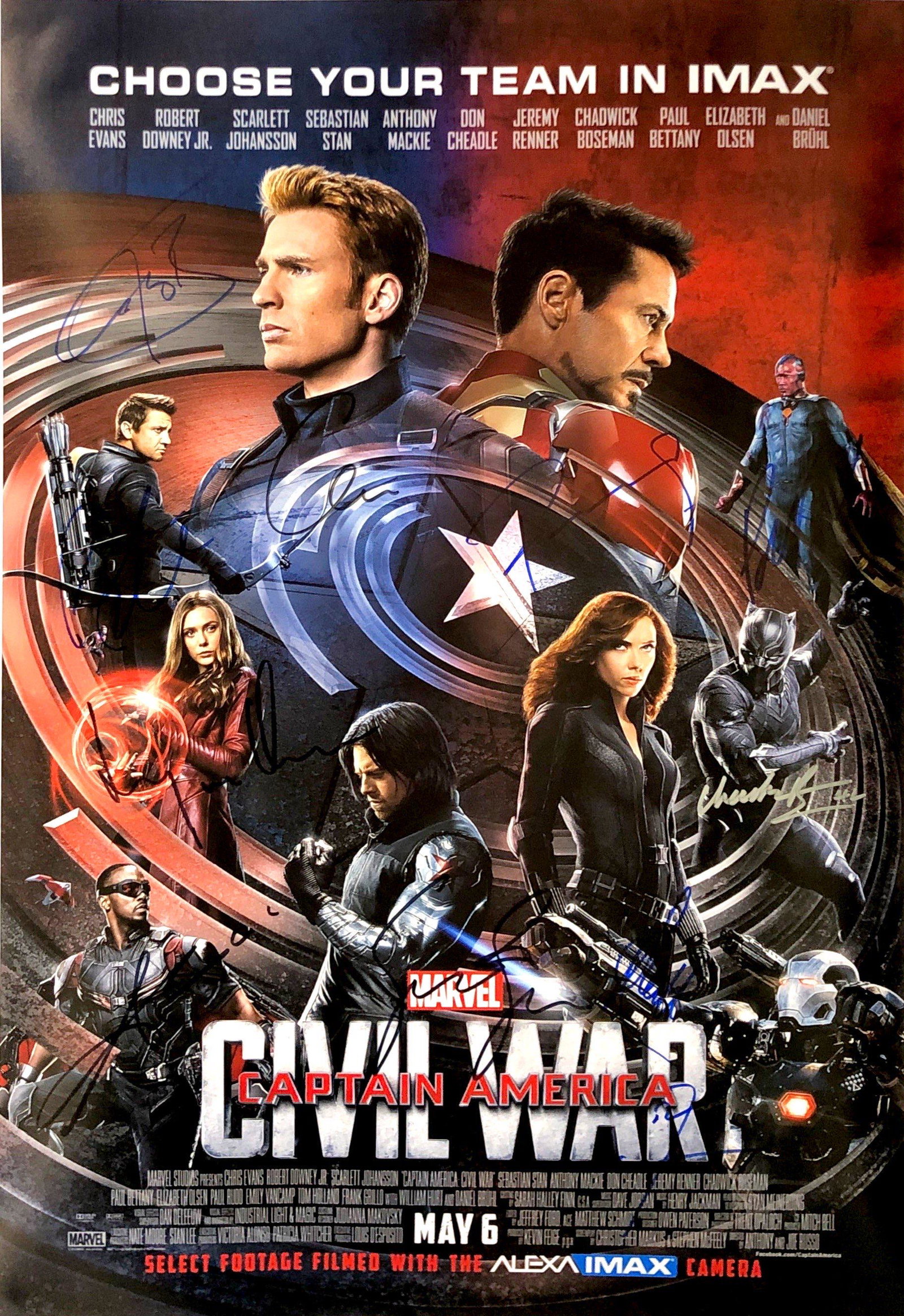 Robert Downey Jr Autograph Signed Captain America Civil: Category: Autograph CollectiblesSize: Width 16 inches x Height 23 inchesAutograph Includes: Chadwick Boseman, Don Cheadle, Paul Bettany, Paul Rudd, Chris Evans, Robert Downey Jr, Jeremy Renner, Elizab