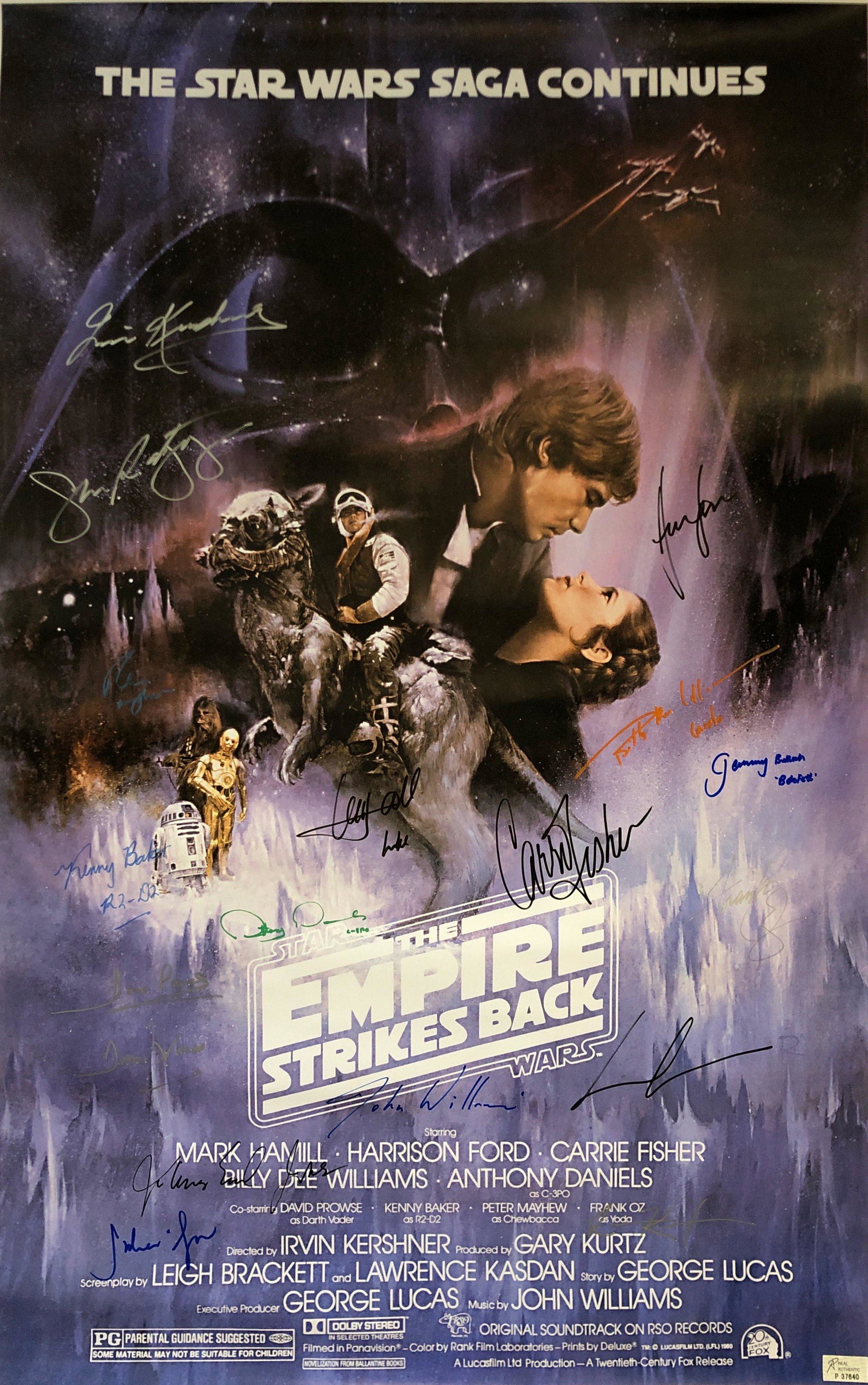 Mark Hamill Autograph Signed Star Wars Empire Strikes: Category: Autograph CollectiblesSize: Width 24 inches x Height 36 inchesAutograph Includes: Mark Hamill, Harris Ford, Carrie Fisher, Dave Prowse, Anthony Daniels, Kenny Baker, Peter Mayhew, George Luc