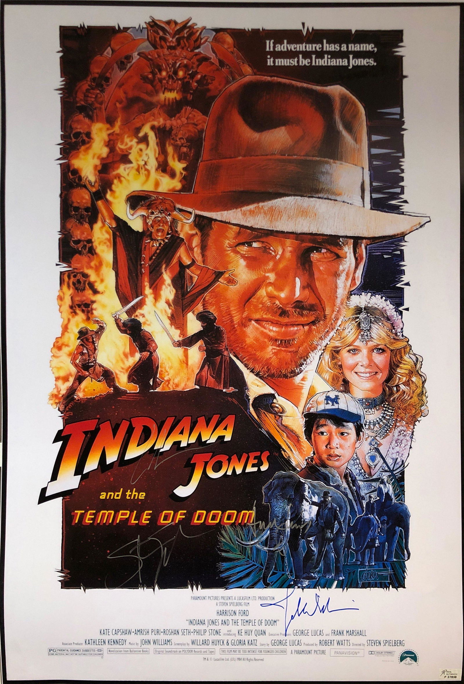 Harrison Ford Autograph Signed Indiana Jones Temple of: Category: Autograph CollectiblesSize: Width 24 inches x Height 36 inchesAutograph Includes: Harrison Ford, Steven Spielberg, John Williams, George LucasItem is in great condition with no damage, unfra