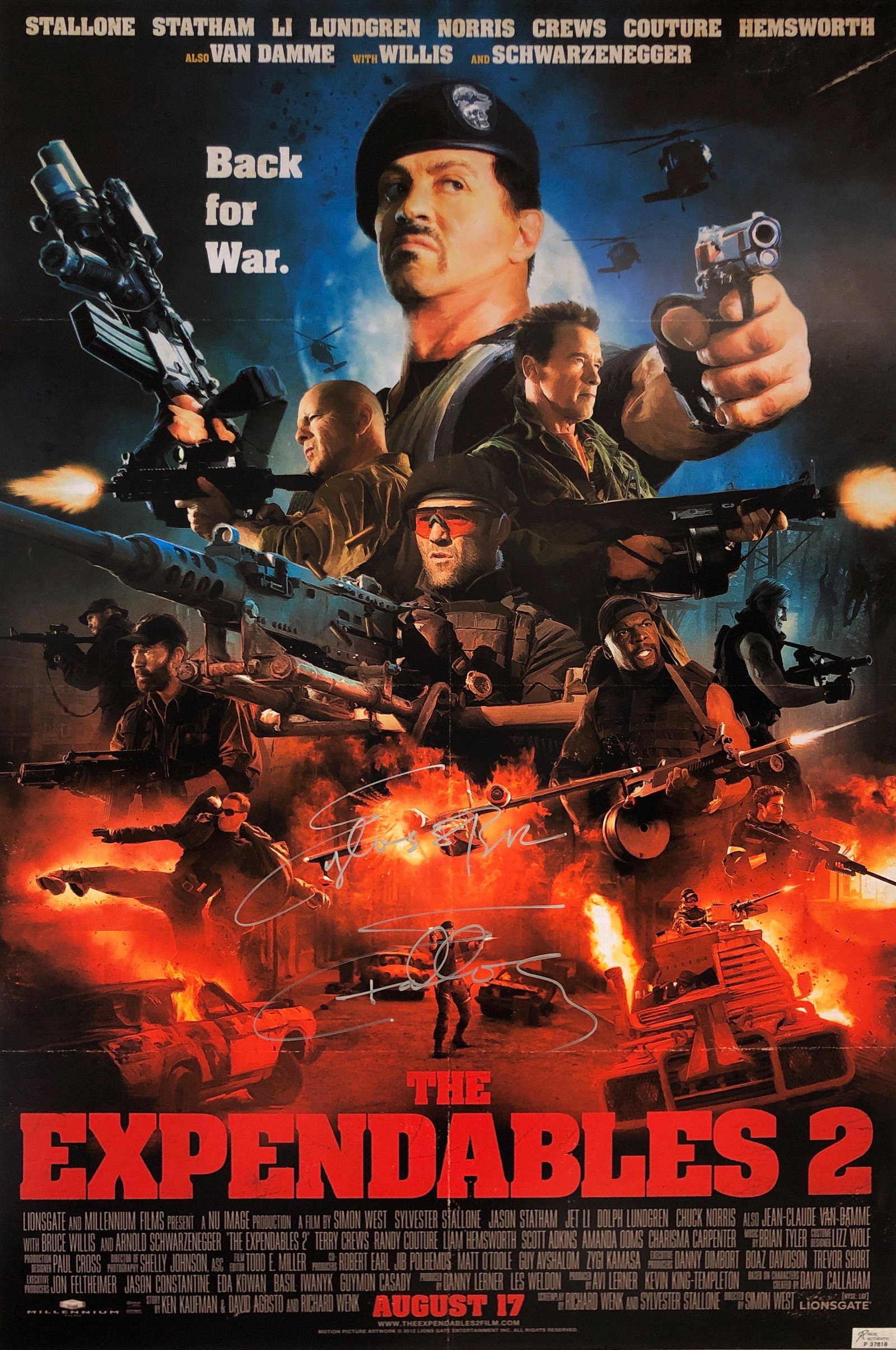 Sylvester Stallone Autograph Signed Expendables 2: Category: Autograph CollectiblesSize: Width 24 inches x Height 36 inchesAutograph Includes: Sylvester StalloneItem is in great condition with no damage, unframedIf image of documentation is attached i