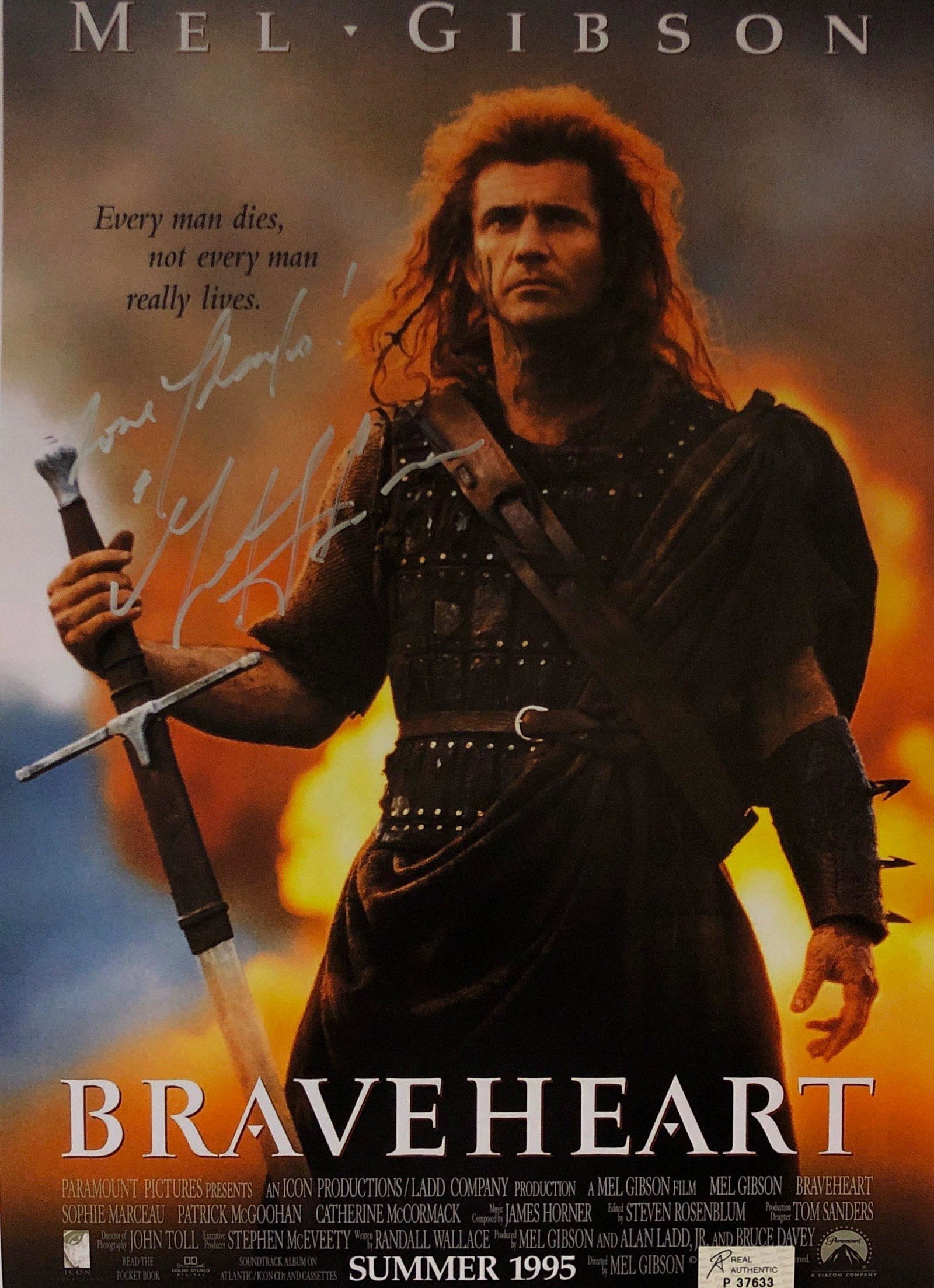 Mel Gibson Autograph Signed Braveheart Poster: Category: Autograph CollectiblesSize: Width 24 inches x Height 36 inchesAutograph Includes: Mel GibsonItem is in great condition with no damage, unframedIf image of documentation is attached in the li