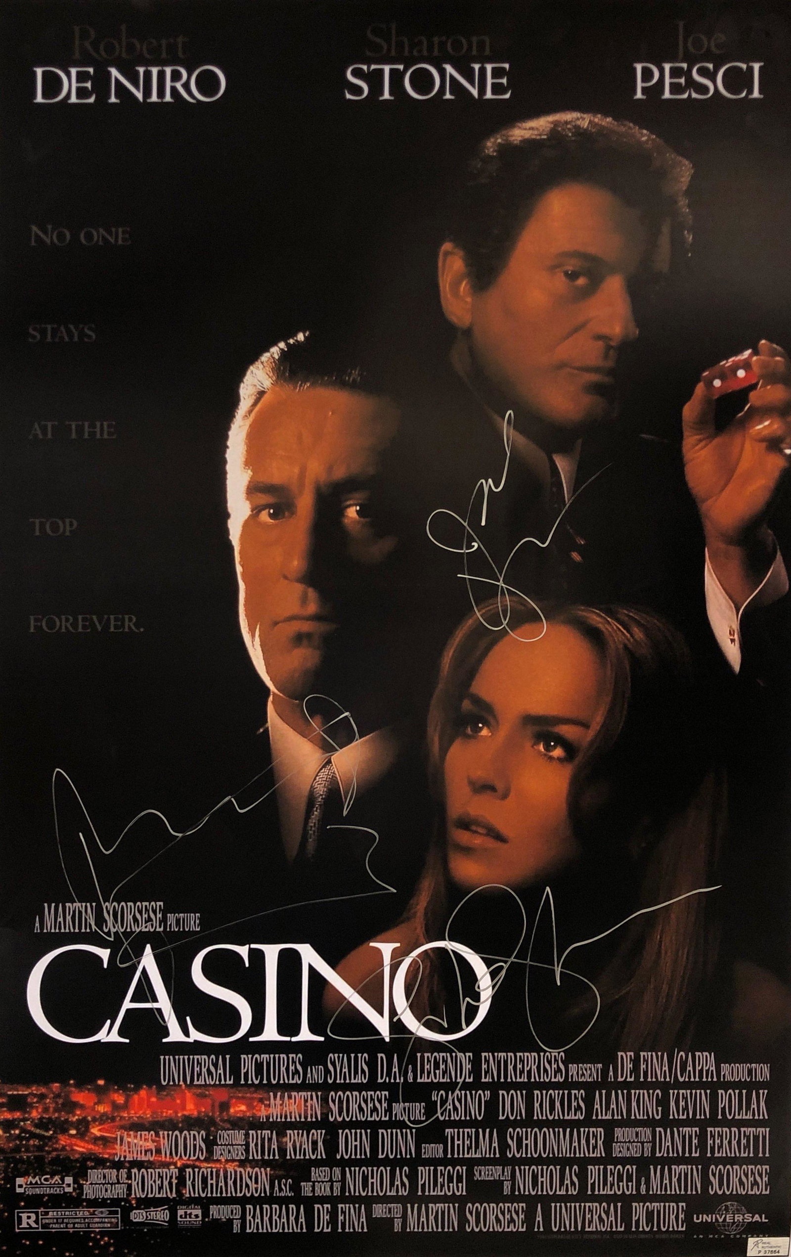 Robert De Niro Autograph Signed Casino Sharon Stone: Category: Autograph CollectiblesSize: Width 24 inches x Height 36 inchesAutograph Includes: Robert De Niro, Sharon Stone, Joe PesciItem is in great condition with no damage, unframedIf image of docume