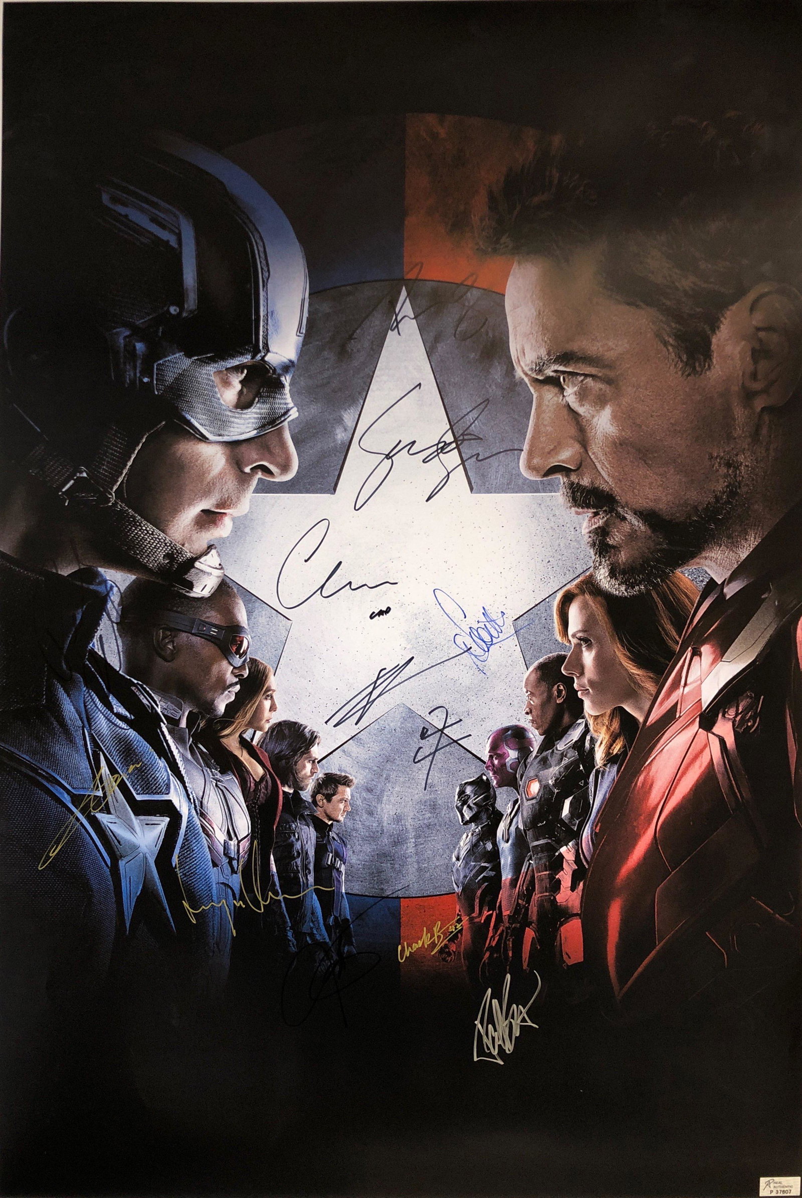 Robert Downey Jr Autograph Signed Avengers Civil War: Category: Autograph CollectiblesSize: Width 24 inches x Height 36 inchesAutograph Includes: Chris Evans, Anothny Mackie, Elizabeth Olsen, Sebastian Stan, Jeremy Renner, Robert Downey Jr., Scarlett Joh