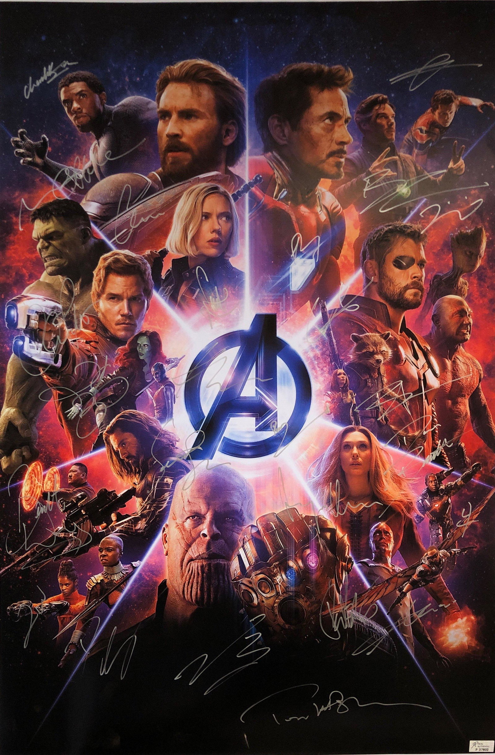 Chris Evans Autograph Signed Avnegers Infinity War: Category: Autograph CollectiblesSize: Width 24 inches x Height 36 inchesAutograph Includes: Chris Evans, Robert Downey Jr., Chris Hemsworh, Scarlett Johansson, Mark Ruffalo, Jeremy Renner, Paul Bettan