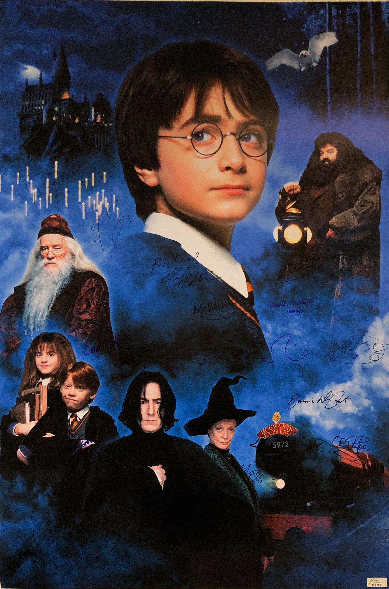 Daniel Radcliffe Autograph Signed Harry Potter: Category: Autograph CollectiblesSize: Width 24 inches x Height 36 inchesAutograph Includes: Daniel Radcliffe, Emma Watson, Rupert Grint, J K Rowling, Alan Rickman, Bonnie Wright, James and Oliver Phel