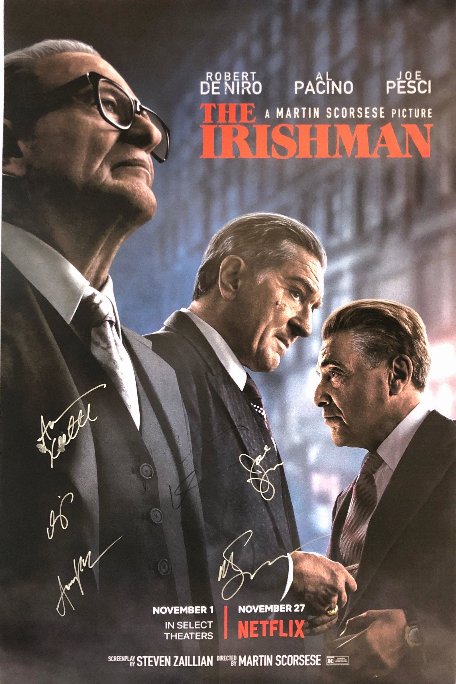 Al Pacino Autograph Signed Irishman Poster: Category: Autograph CollectiblesSize: Width 24 inches x Height 36 inchesAutograph Includes: Robert De Niro, Al Pacino, Joe Pesci, Harvey Keitel, Anna Paquin, Martin ScorseseItem is in great condition