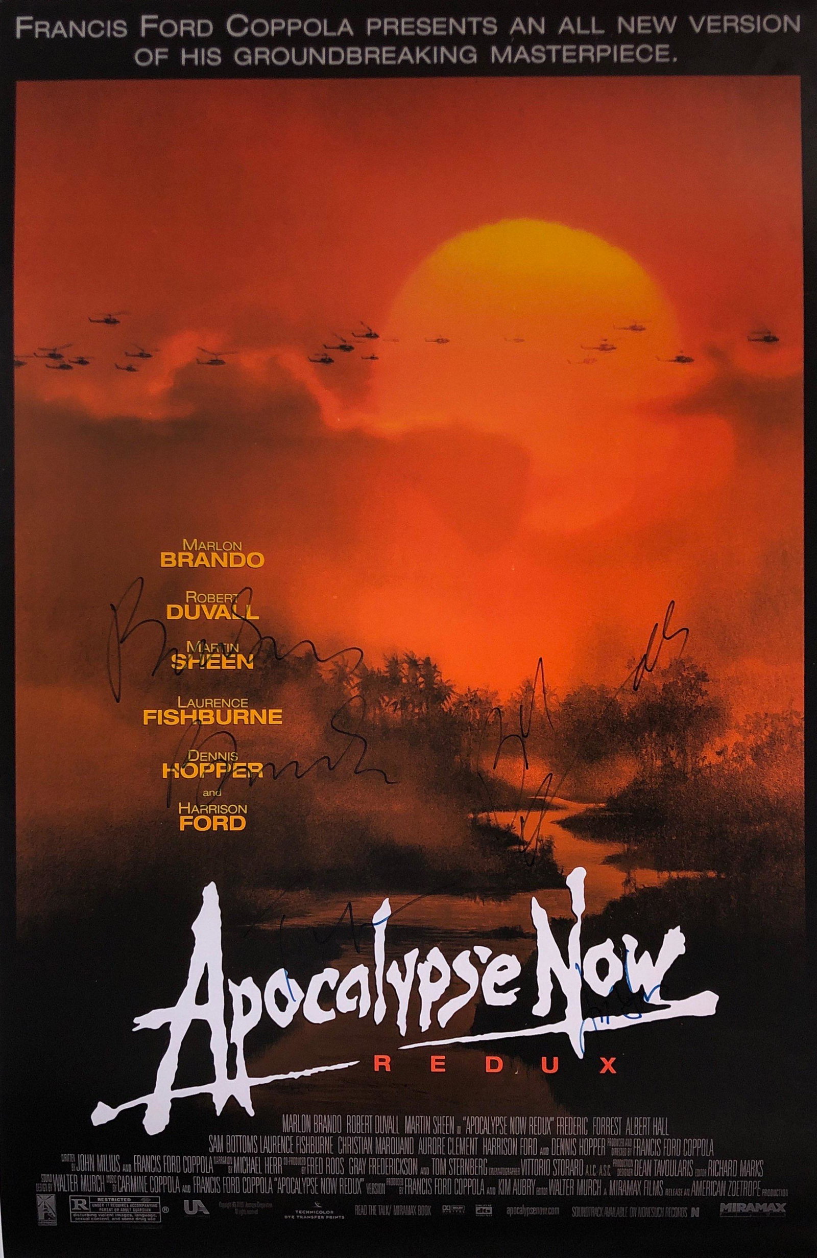 Marlon Brandon Autograph Signed Apocalypse Now Poster: Category: Autograph CollectiblesSize: Width 24 inches x Height 36 inchesAutograph Includes: Marlon Brandon, Robert Duvall, Harrison Ford, Francis Ford CoppolaItem is in great condition with no damage,