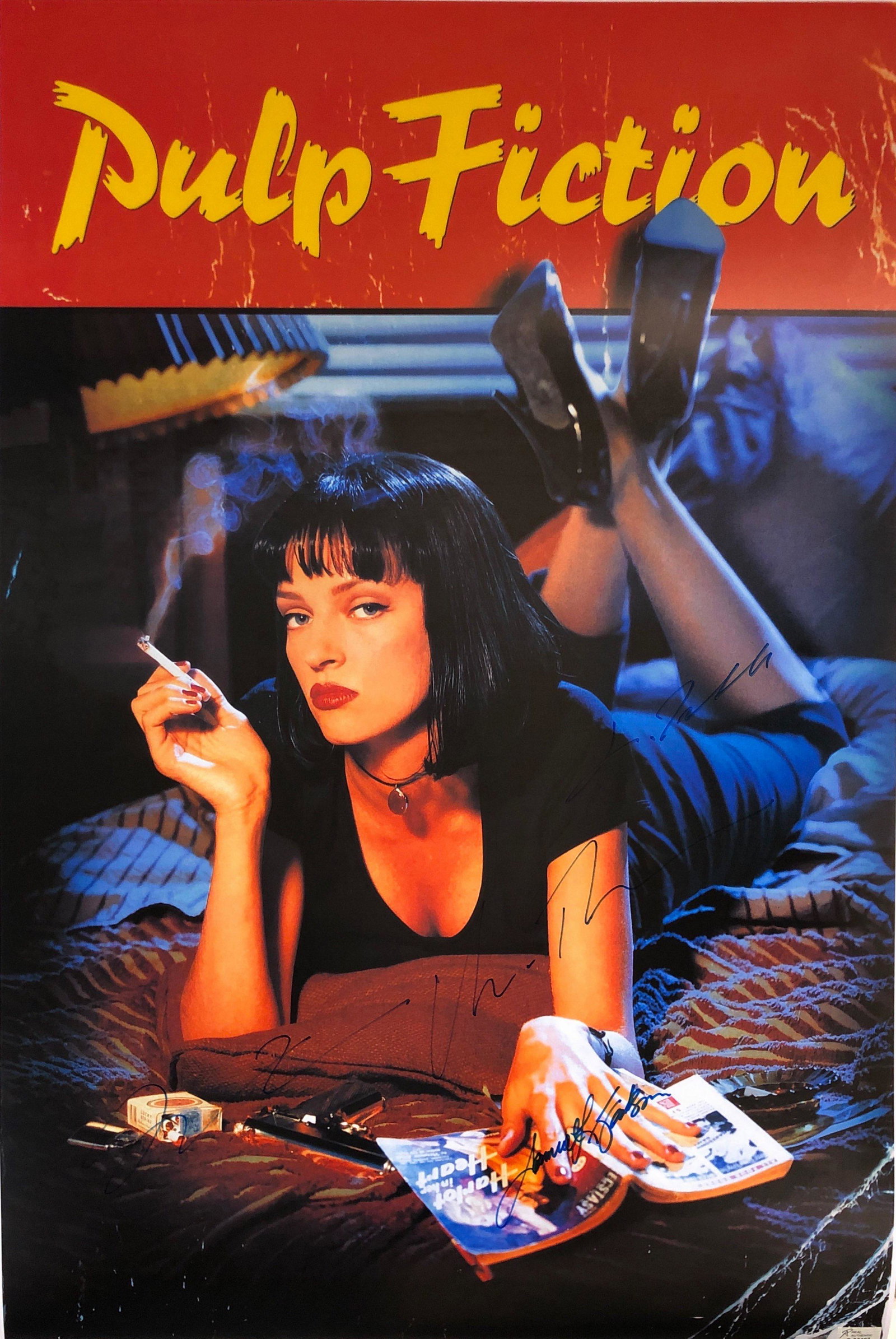 Uma Thurman Autograph Signed Pulp Fiction Poster: Category: Autograph CollectiblesSize: Width 24 inches x Height 36 inchesAutograph Includes: Uma Thurman, John Travolta, Samuel L. Jackson, Tim Roth, Amanda Plummer, Eric Stoltz, Bruce Willis, Quentin