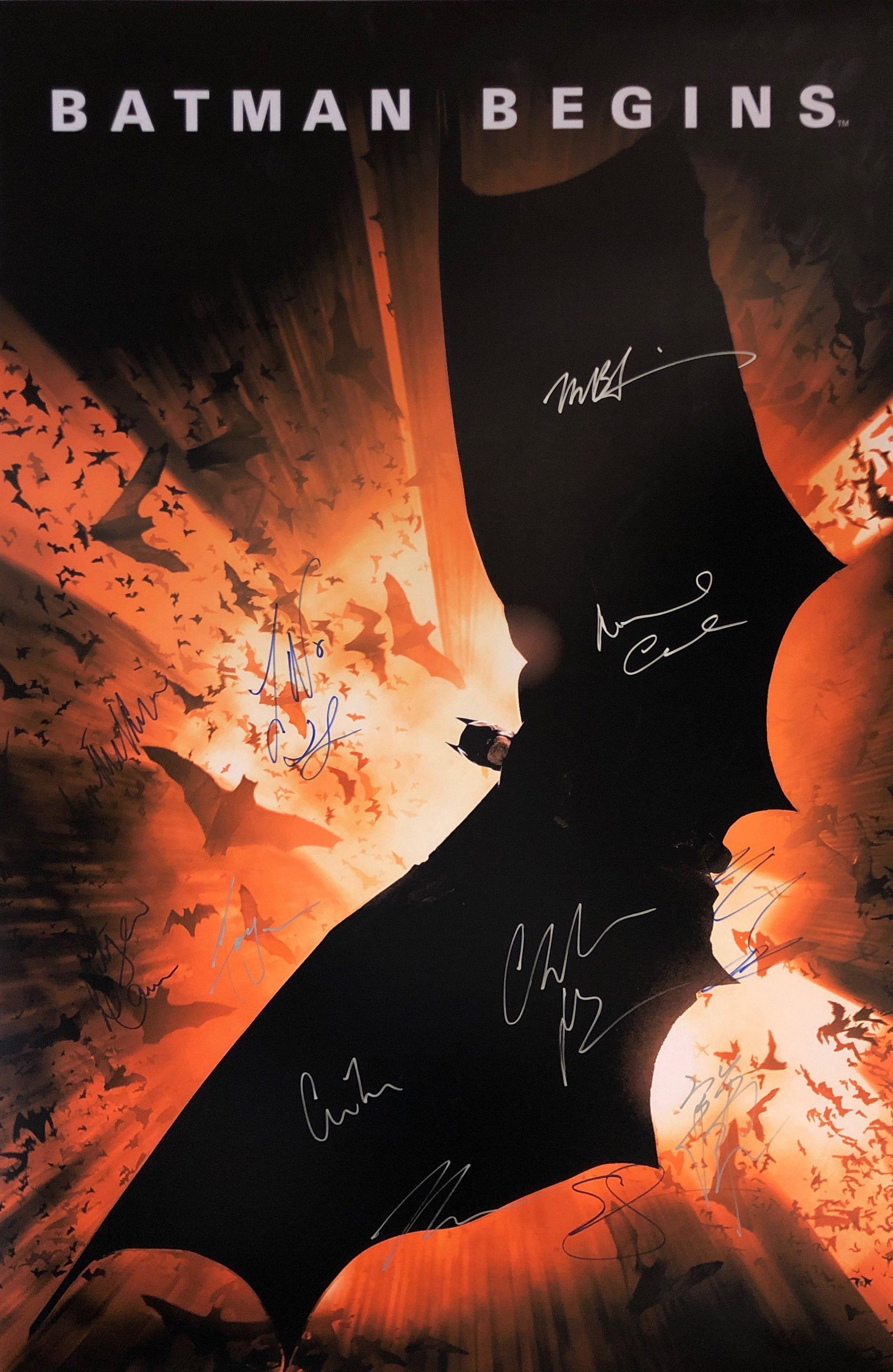Christian Bale Autograph Signed Batman Begins Poster: Category: Autograph CollectiblesSize: Width 24 inches x Height 36 inchesAutograph Includes: Christian Bale, Katie Holmes, Michael Caine, Morgan Freeman, Liam Neeson, Gary Oldman, Cillian Murphy, Tom W