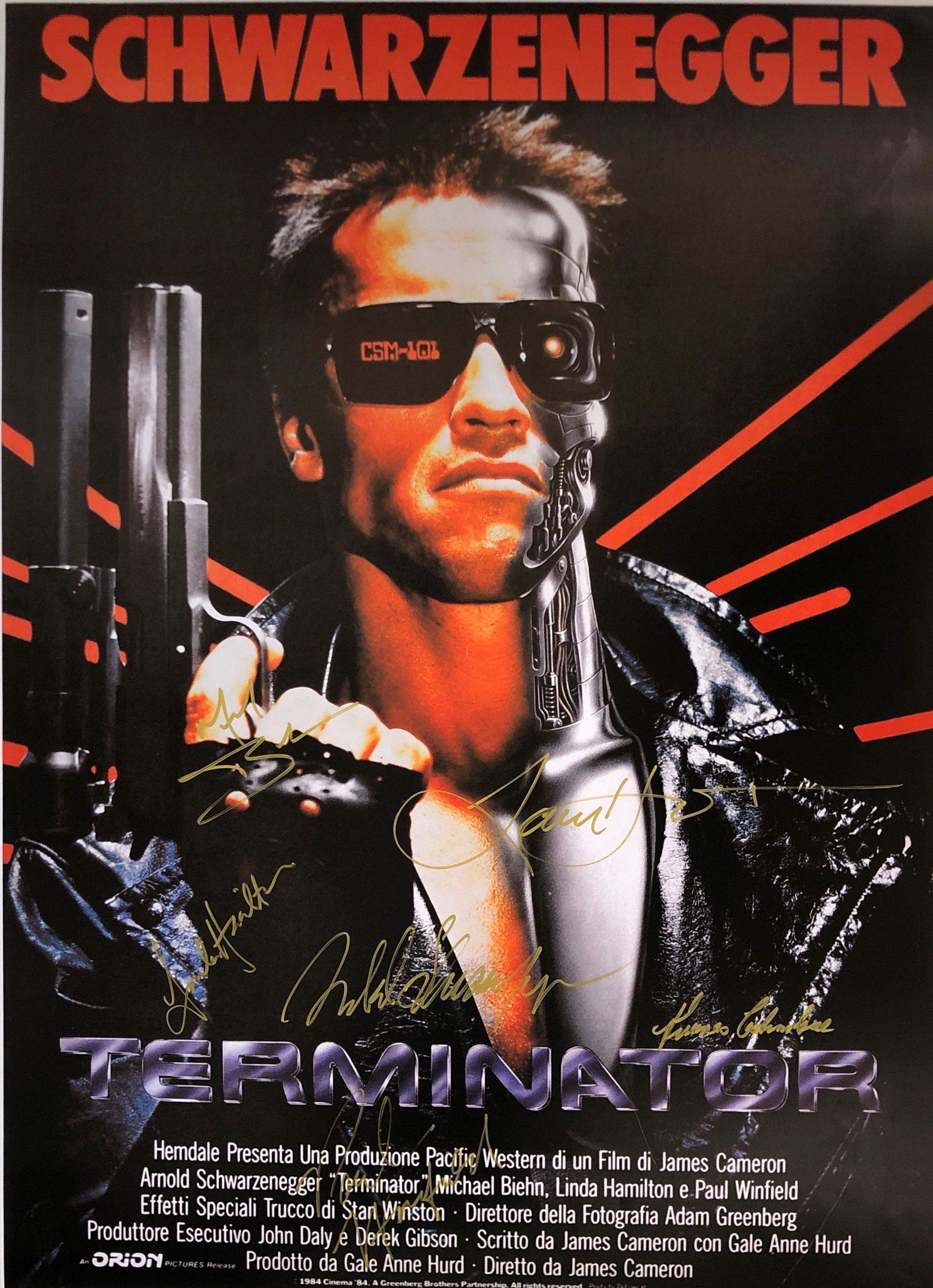 Arnold Schwarzenegger Autograph Signed Terminator: Category: Autograph CollectiblesSize: Width 24 inches x Height 36 inchesAutograph Includes: Arnold Schwarzenegger, Michael Biehn, Linda Hamilton, Paul Winfield, Lance Henriksen, Franco ColumbuItem is