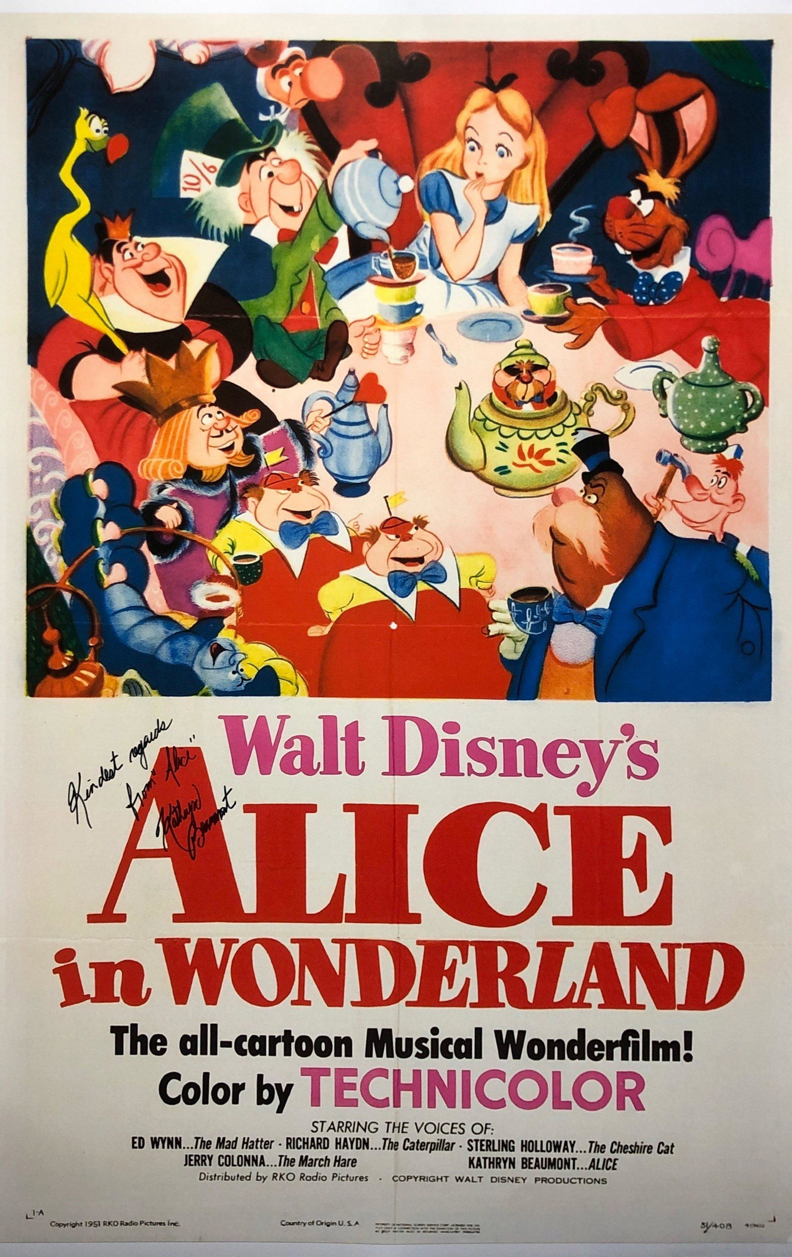 Disney Alice in Wonderland Poster Kathryn Beaumont: Category: Autograph Photo CollectiblesItem is in great condition with no damage, unframed If image of documentation is not attached in the listing, the lot is sold without documents. Please review our