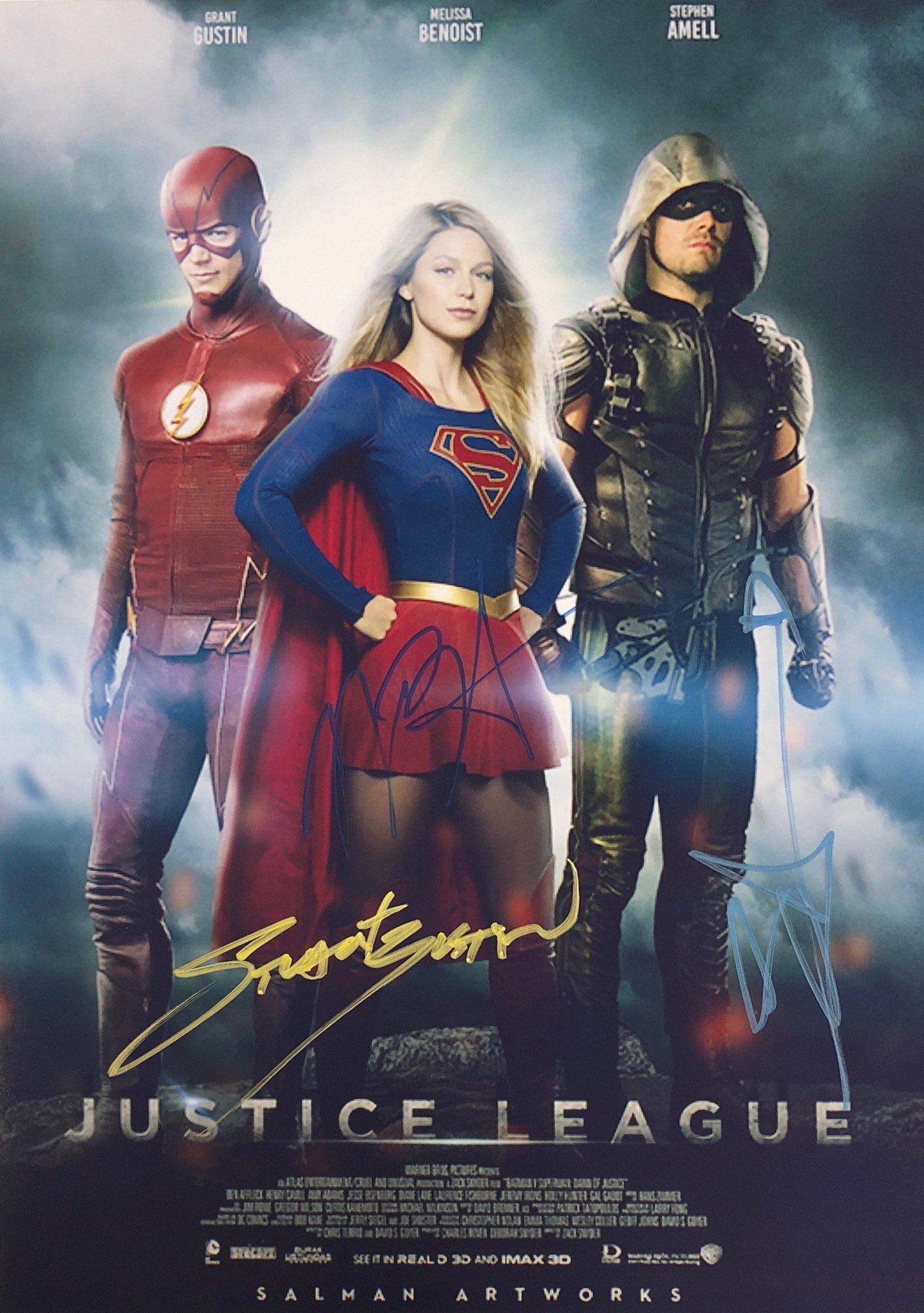 Justice League Grant Gustin Autographed Photo: Autographed by:Grant Gustin, Melissa Benoist, Stephen AmellSize: 8" x 10"Category: Autograph CollectiblesItem is in great condition with no damage, unframed If image of documentation is not attached i