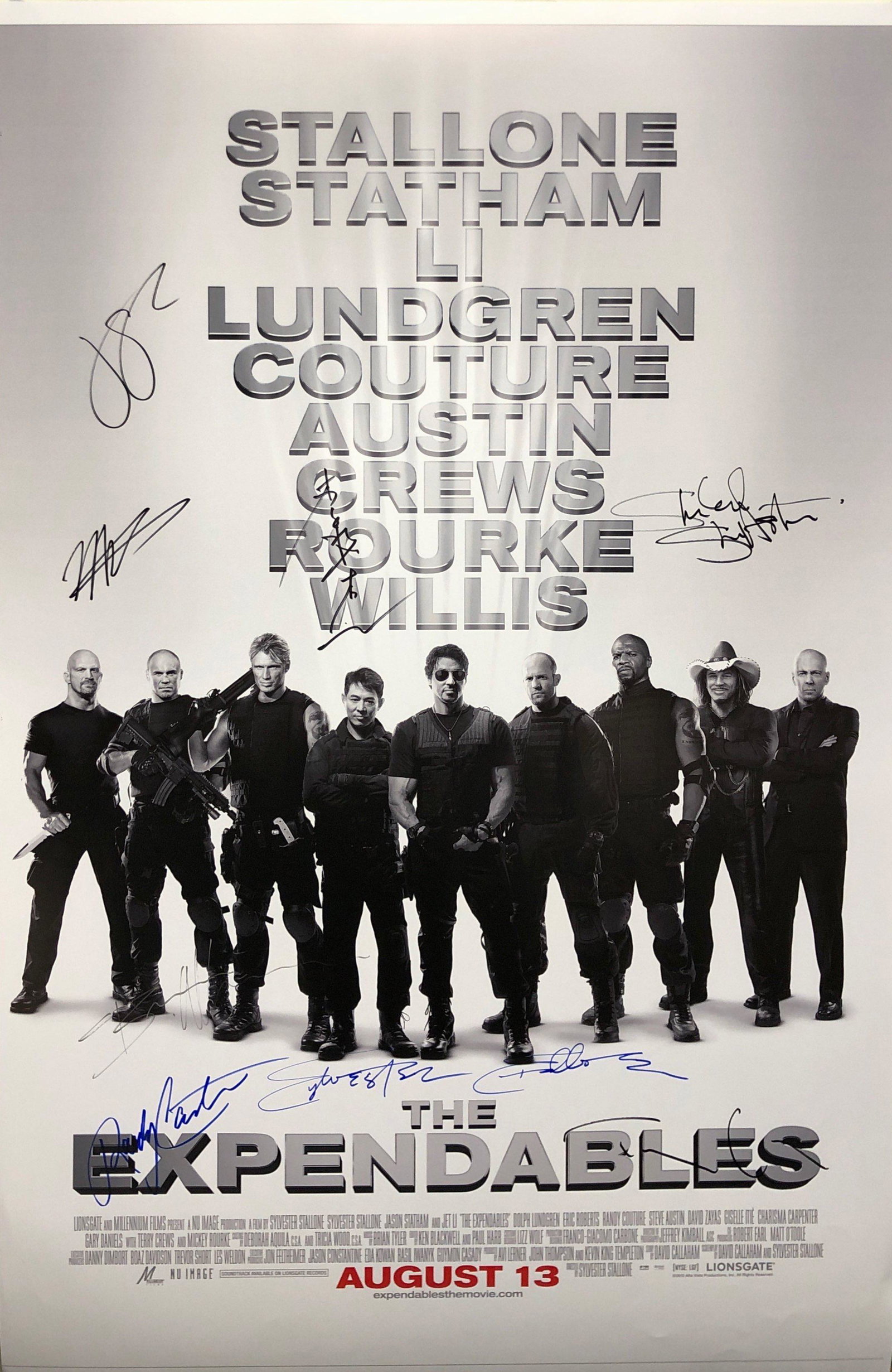 Signed Expendable Poster Sylvester Stallone Bruce: Autographed by:Jet Li, Dolph Lundgren, Sylvester Stallone, Bruce Willis, Mickey Rourke, Jason Statham, Steve Austin, Terry Crews, Randy CoutureSize: 8" x 10"Authentication Code: P37313Item is in great