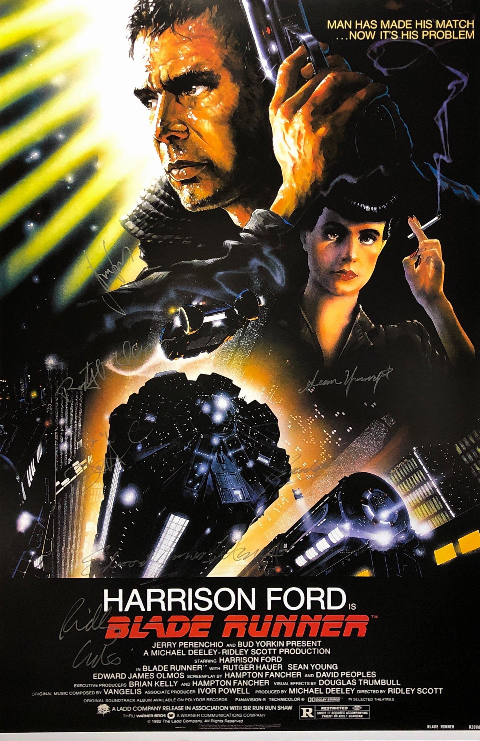 Signed Blade Runner Poster Harrison Ford: Autographed by:Harrison Ford, Rutger Hauer, Daryl Hannah, Sean Young, Edward James Olmos, Joanna Cassidy, Ridley ScottSize: 8" x 10"Authentication Code: P37334Item is in great condition with no damage