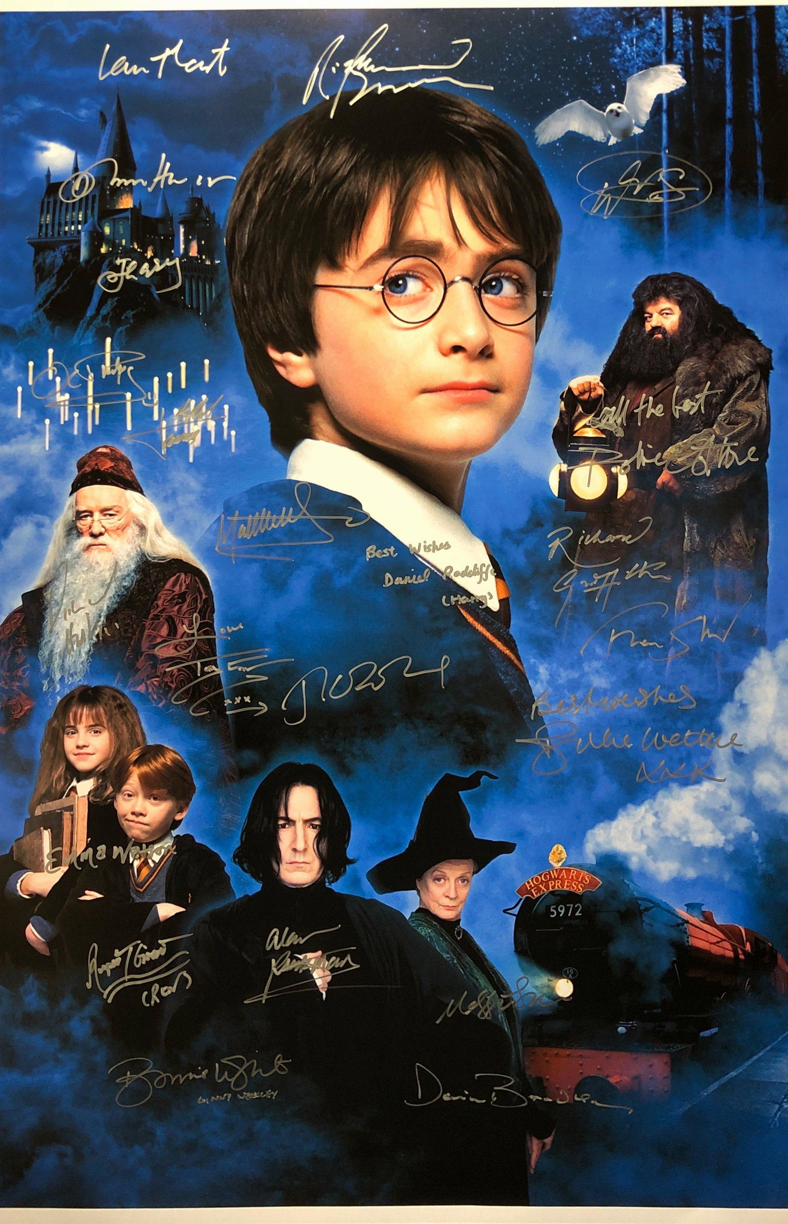 Signed Harry Potter Philosophers Stone Poster Daniel: Autographed by:Daniel Radcliffe, Emma Watson, Rupert Grint, J.K.Rowling, Alan Rickman, Bonnie Wright, James and Oliver Phelps, Julie Waters, Maggie Smith, Richard Griffiths, Richard Harris, Tom Felton